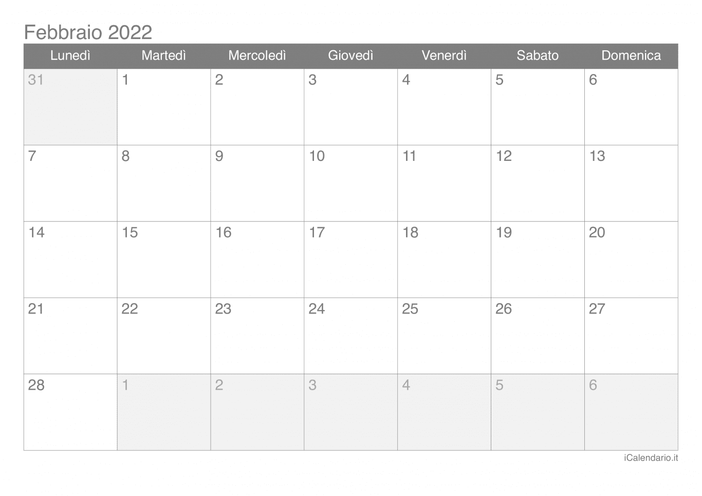 Calendario di febbraio 2022