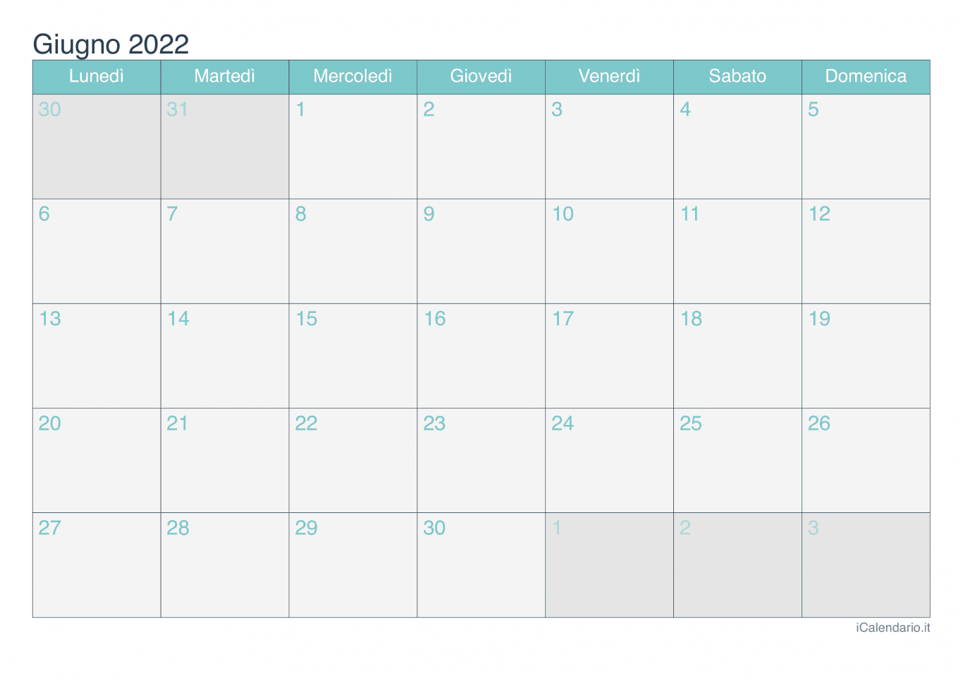 Calendario di giugno 2022 - Turchese