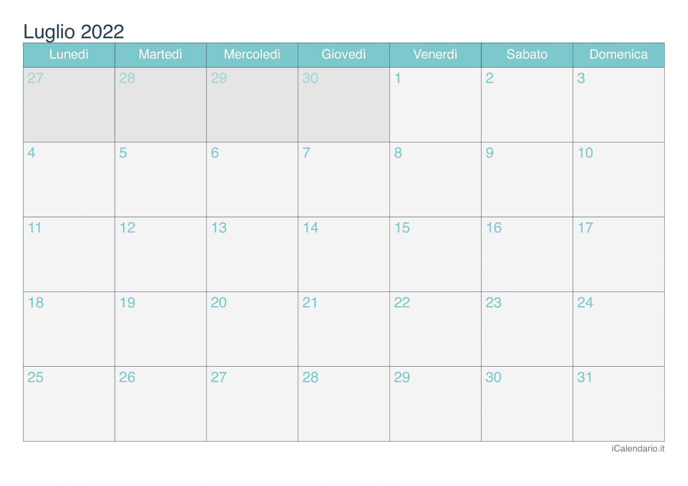 Calendario di luglio 2022 - Turchese