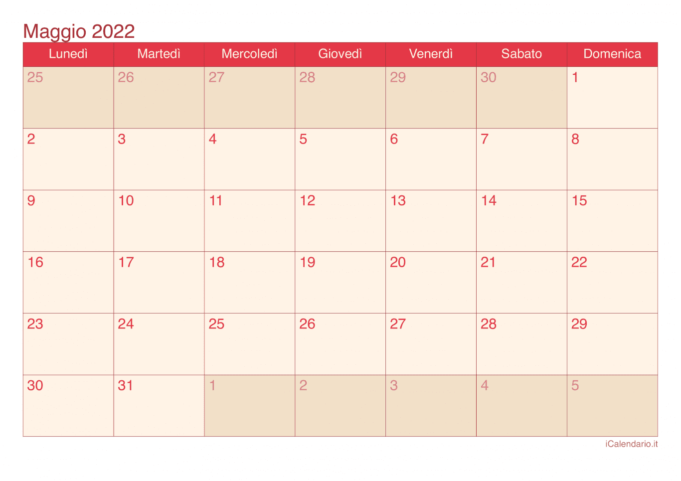 Calendario di maggio 2022 - Cherry
