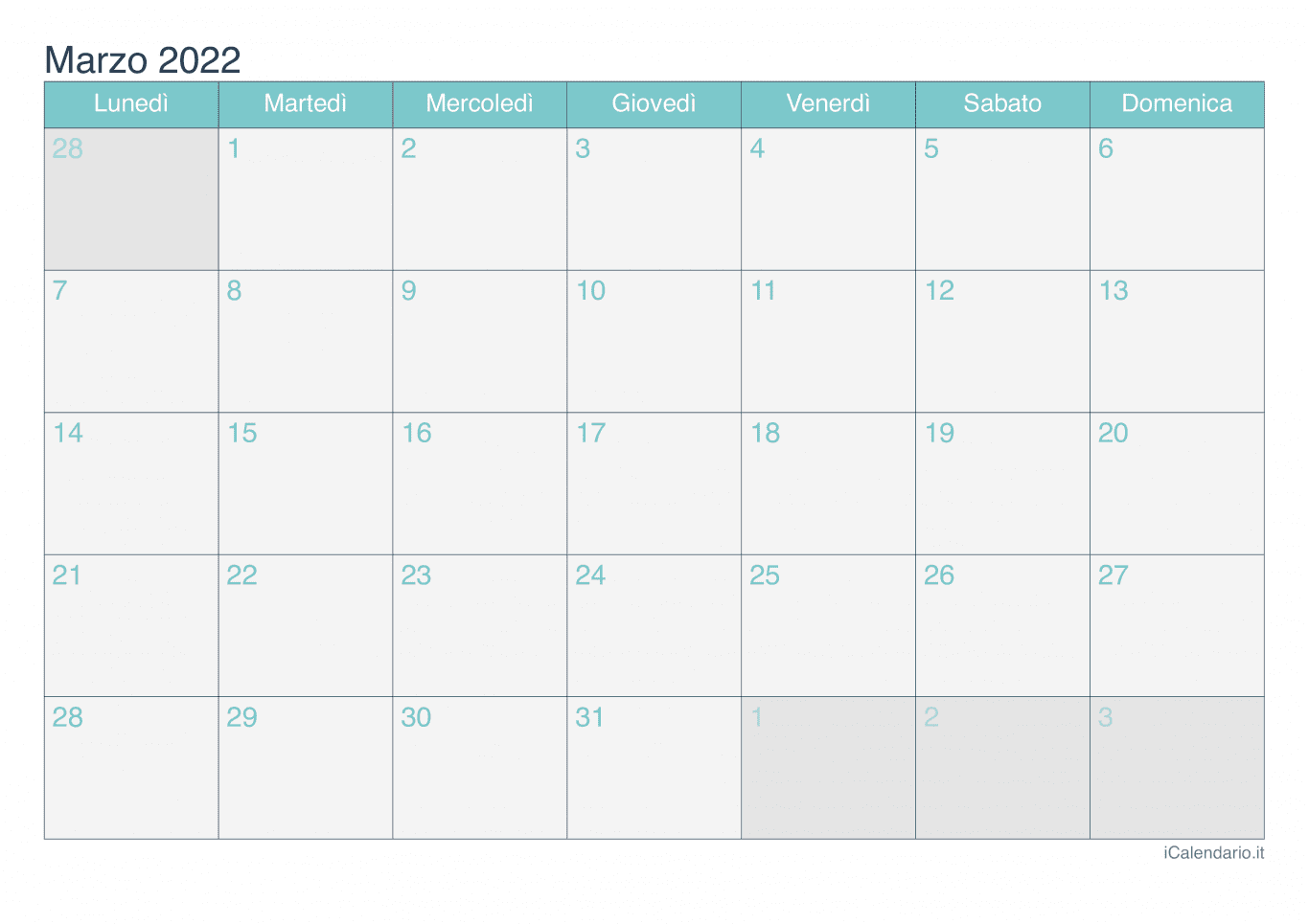Calendario di marzo 2022 - Turchese