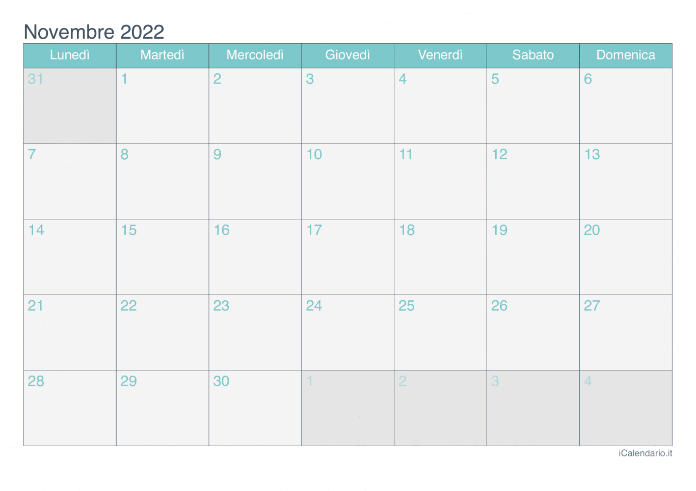 Calendario di novembre 2022 - Turchese