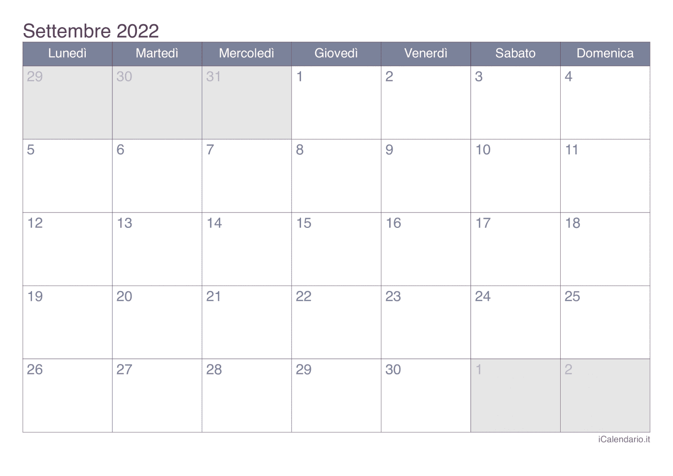 Calendario di settembre 2022 - Office