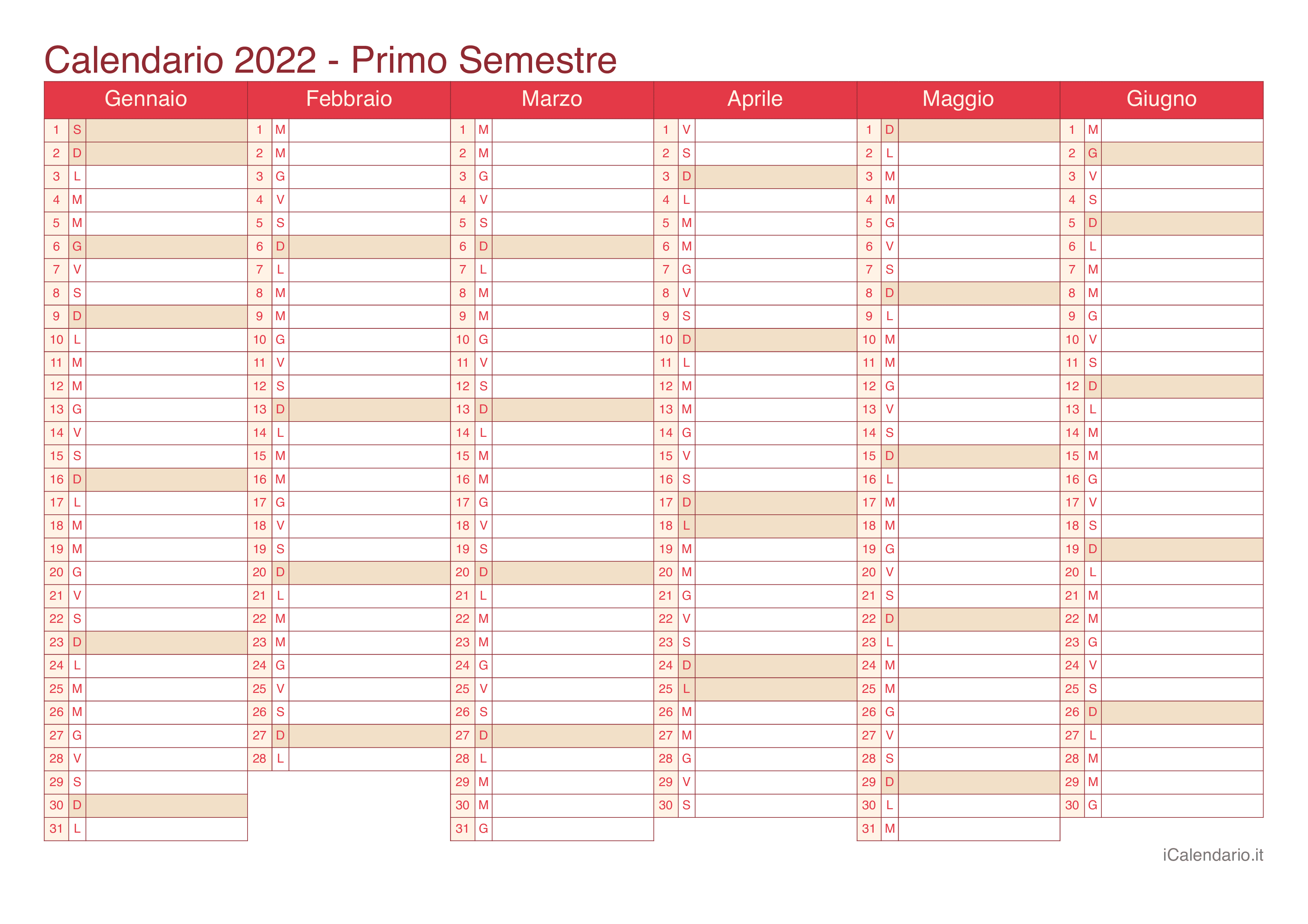 Calendario semestrale 2022 - Cherry
