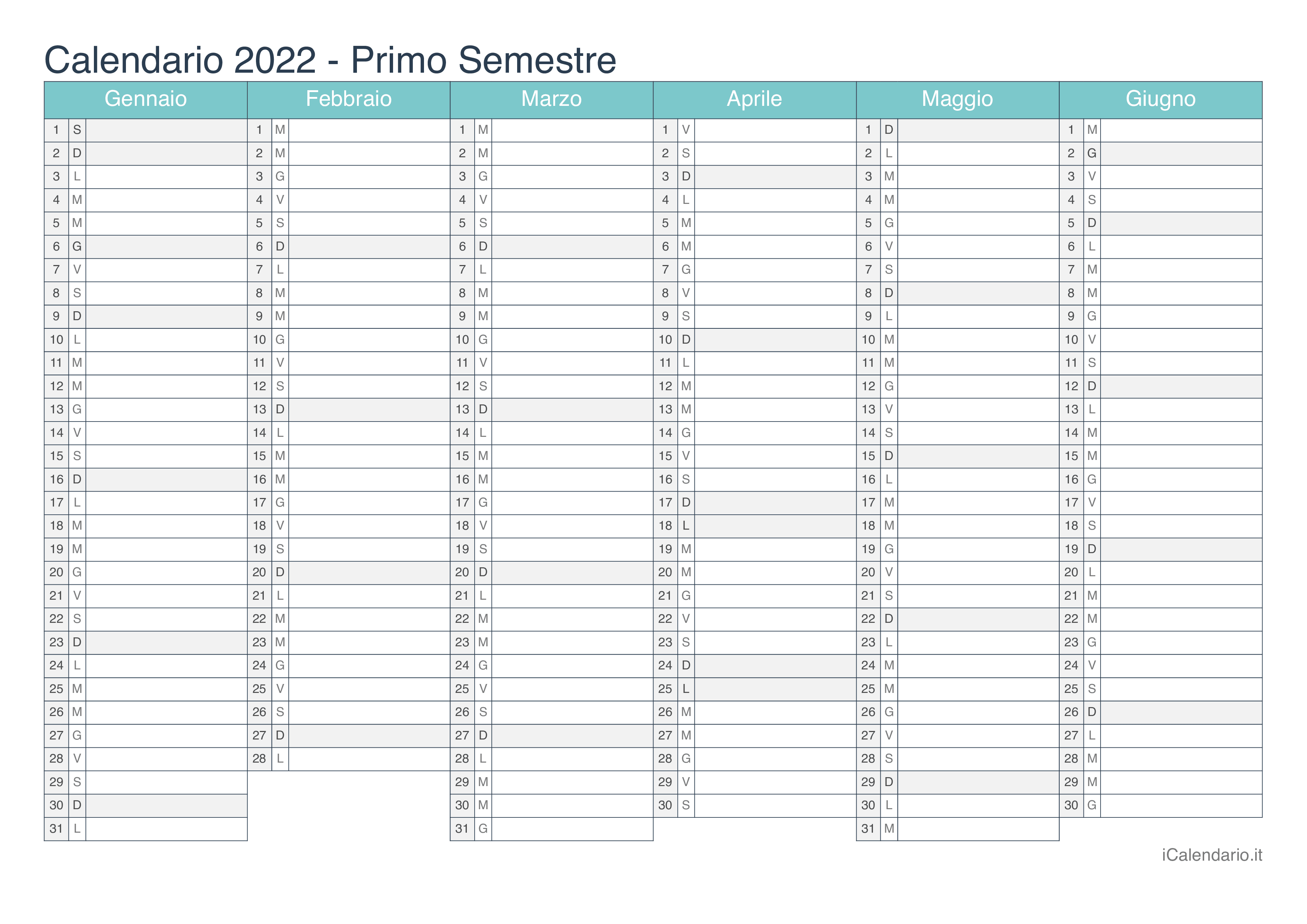 Calendario semestrale 2022 - Turchese