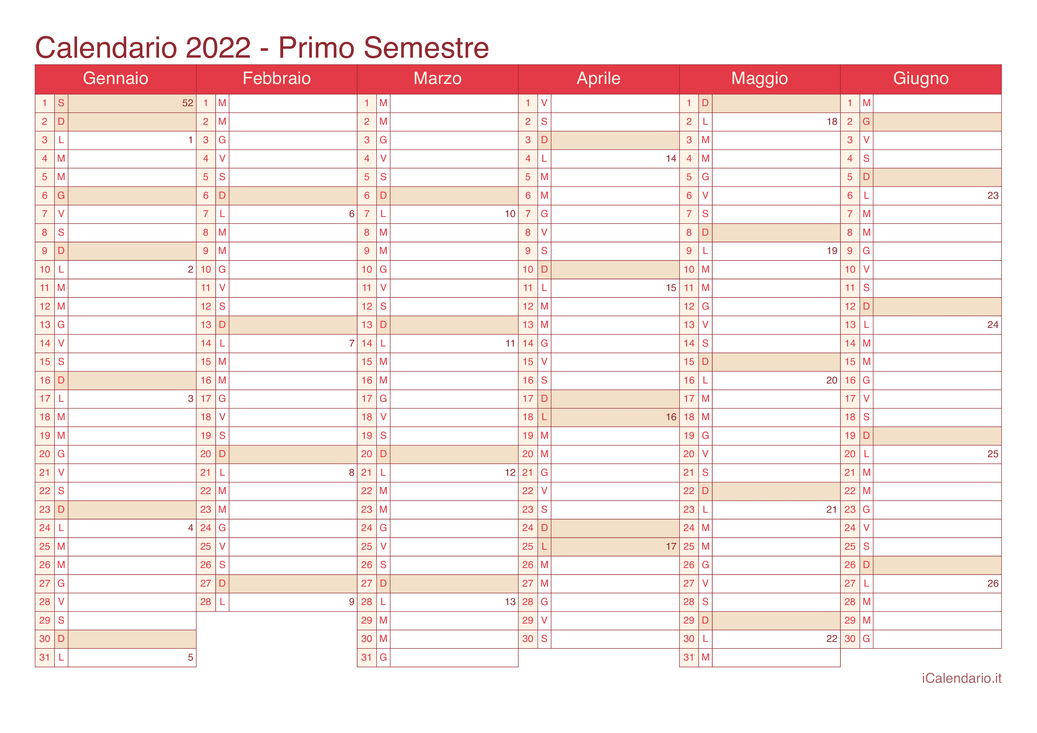 Calendario semestrale con numeri delle settimane 2022 - Cherry