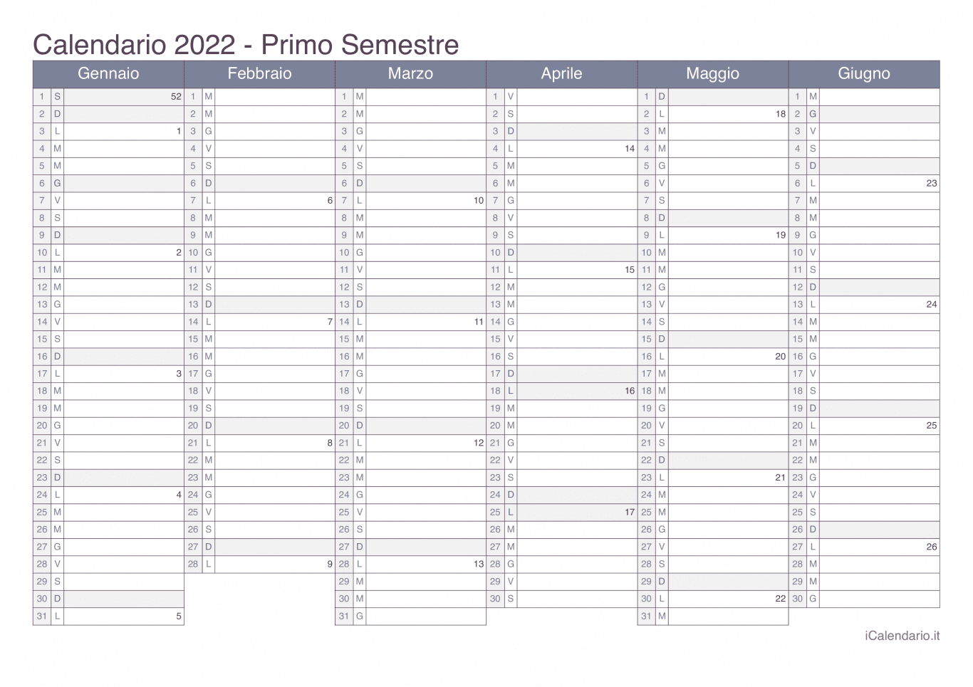 Calendario semestrale con numeri delle settimane 2022 - Office