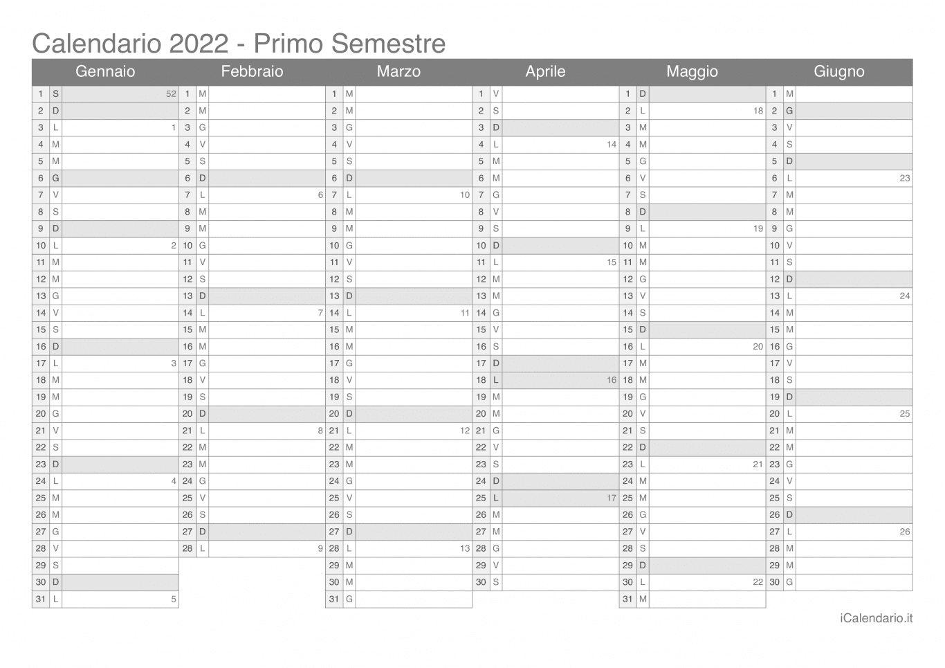 Calendario semestrale con numeri delle settimane 2022