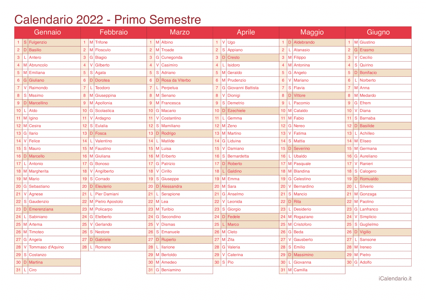 Calendario semestrale 2022 con santi e festivi - Cherry