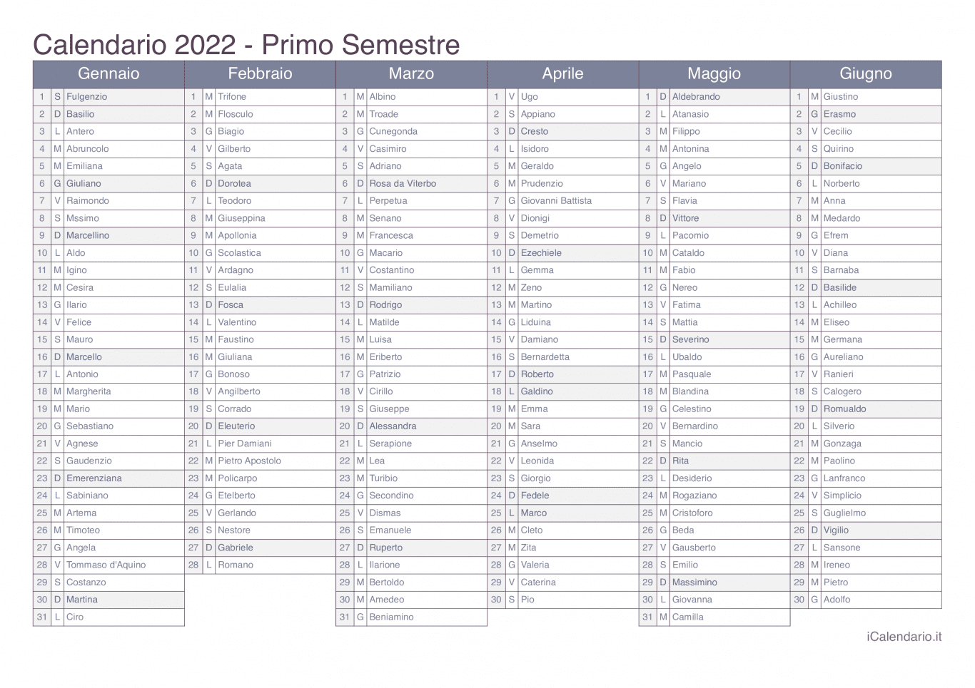 Calendario semestrale 2022 con santi e festivi - Office