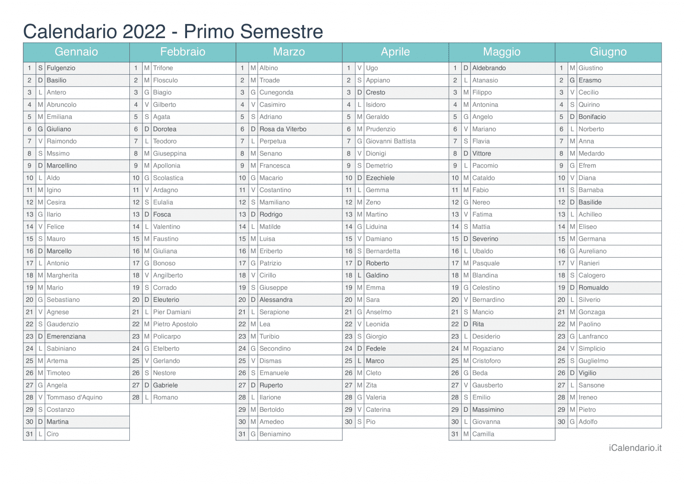 Calendario semestrale 2022 con santi e festivi - Turchese