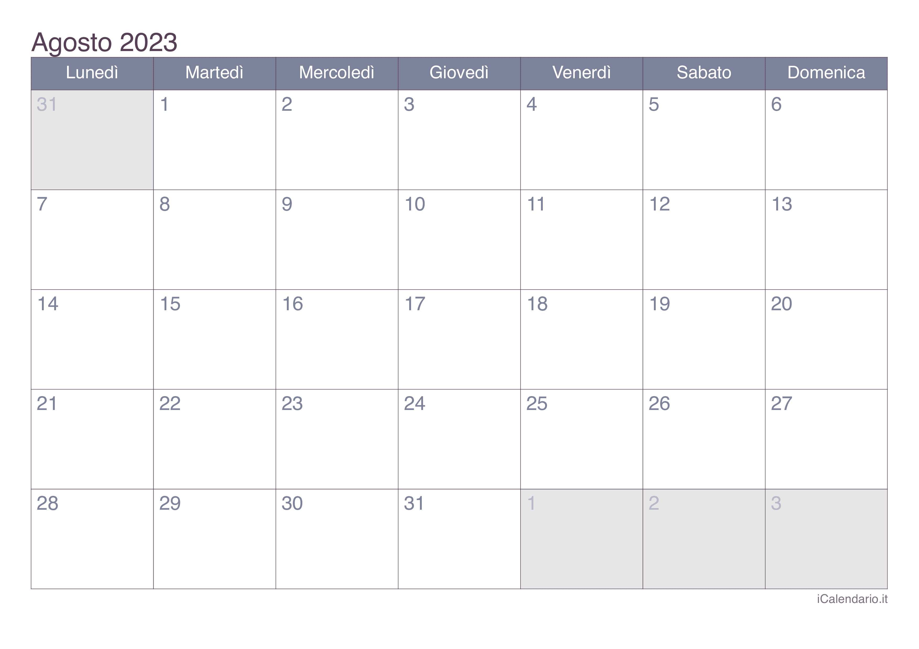 Calendario di agosto 2023 - Office