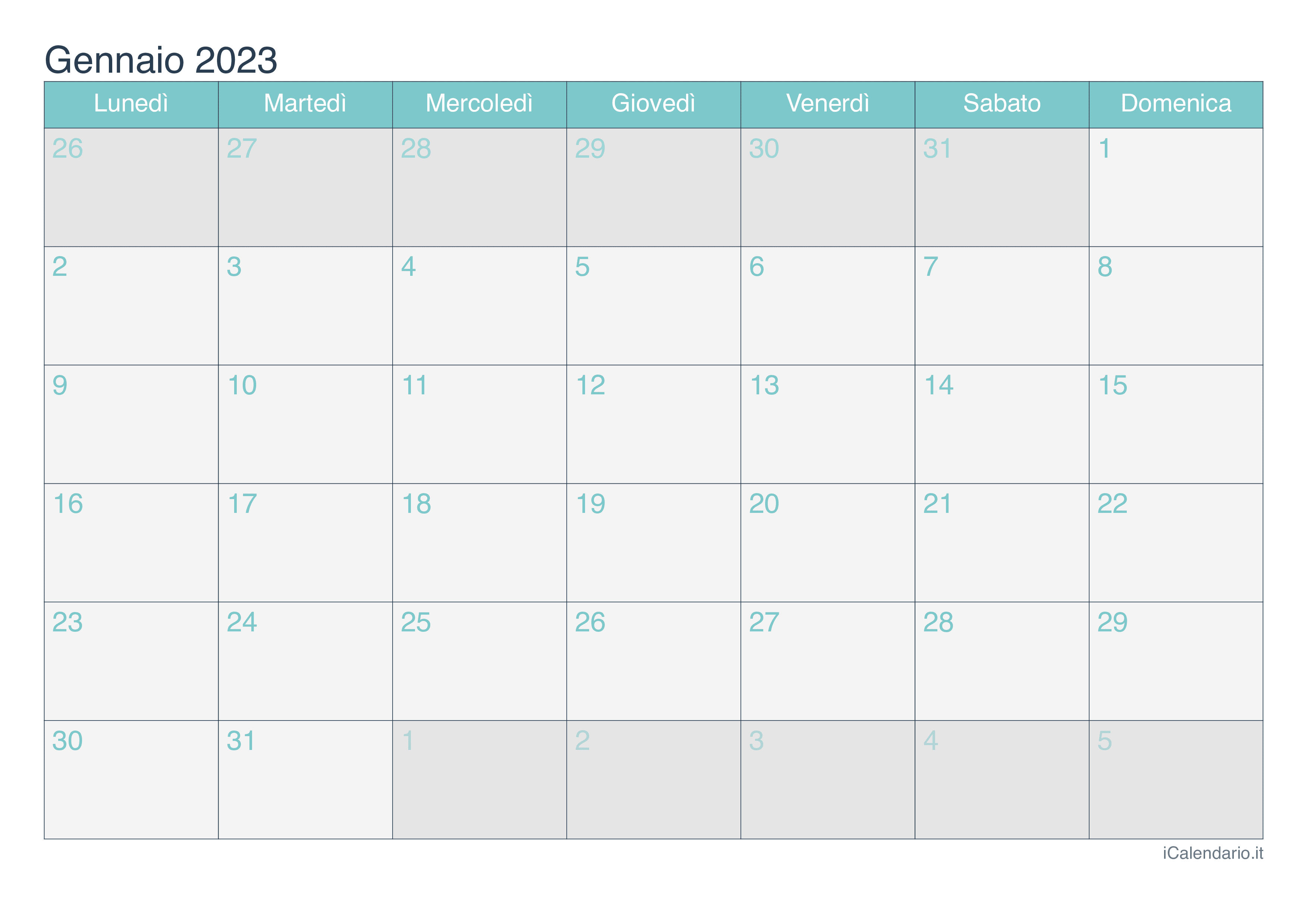 Calendario mensile 2023 - Turchese