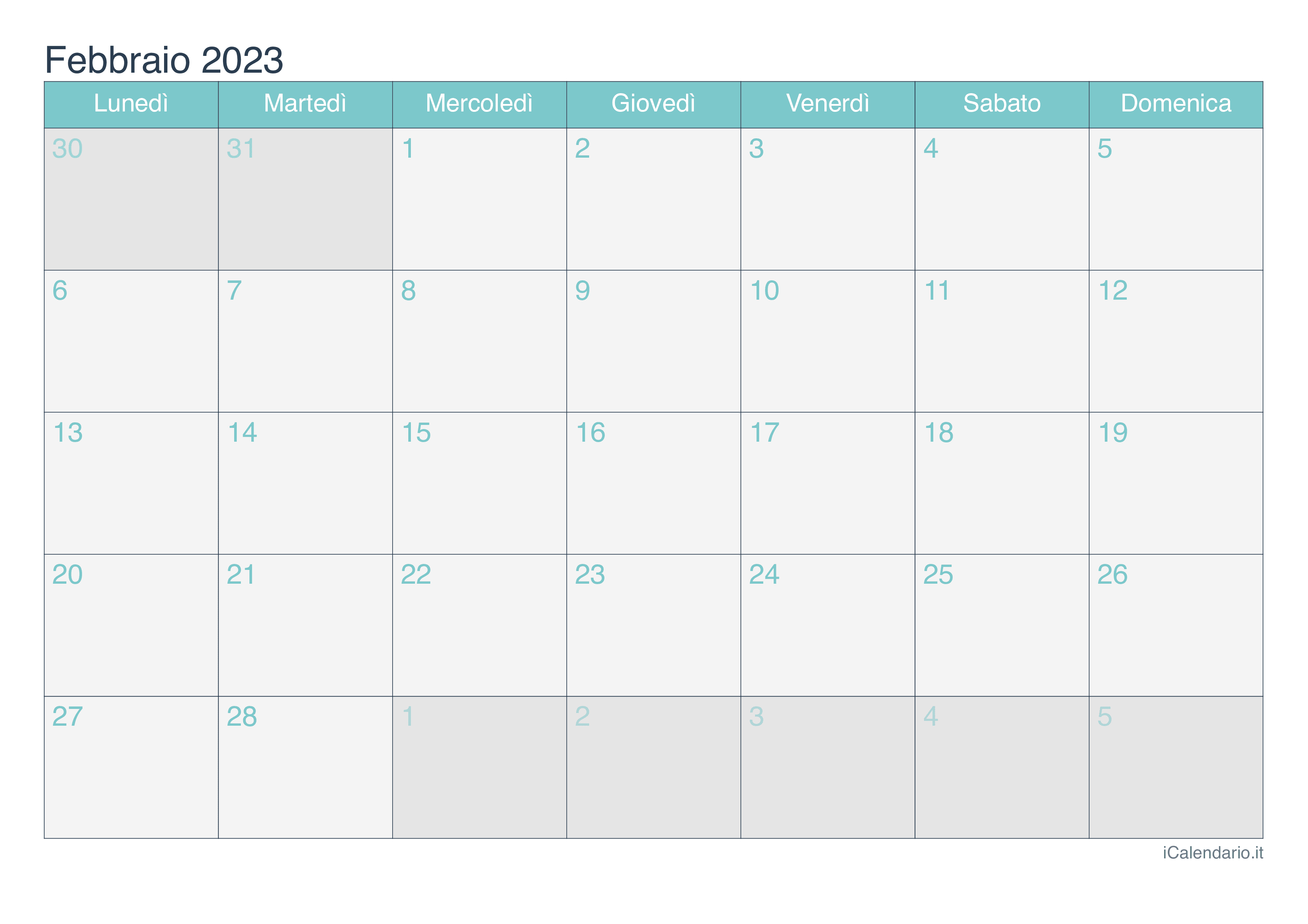 Calendario di febbraio 2023 - Turchese