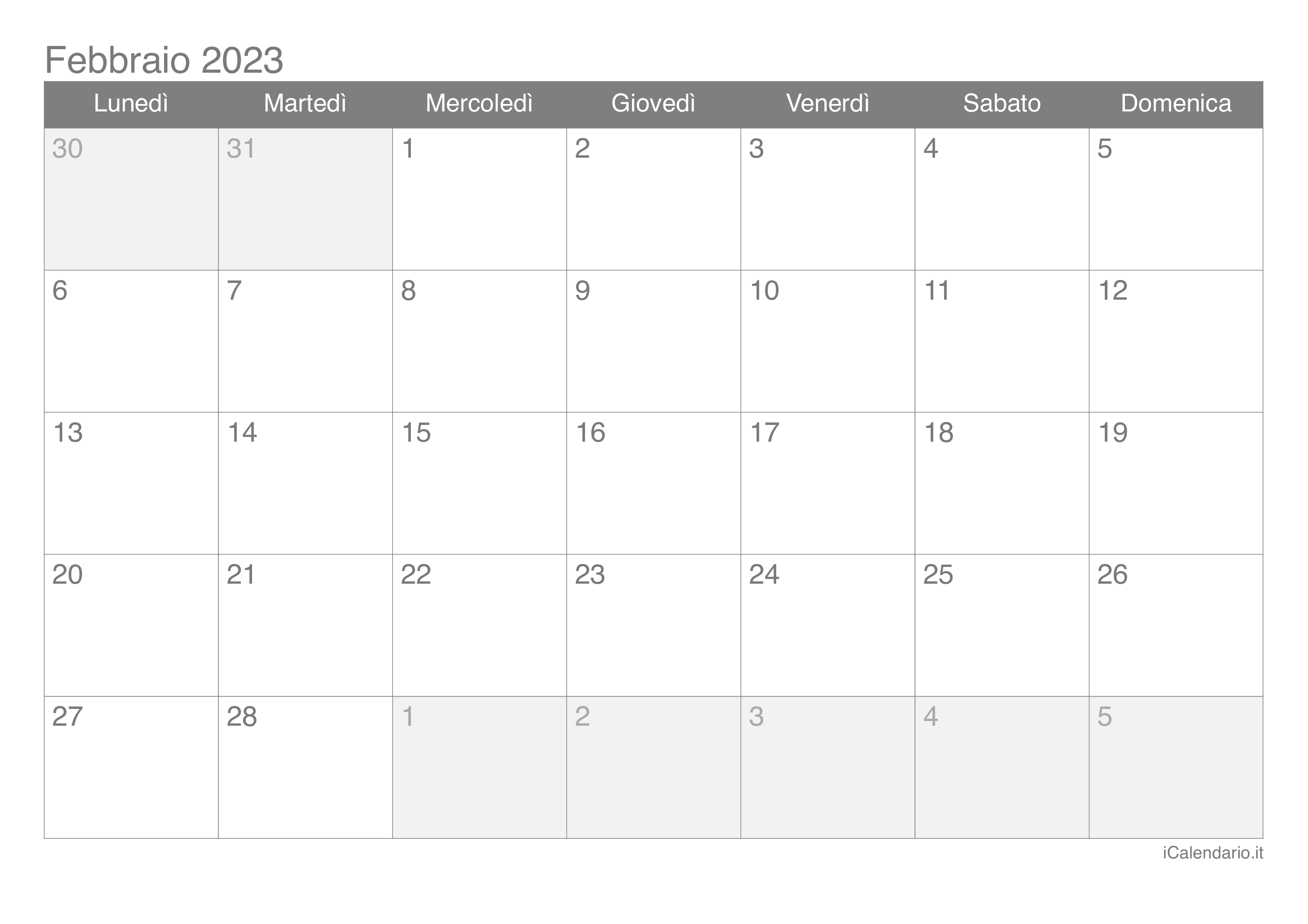 Calendario di febbraio 2023