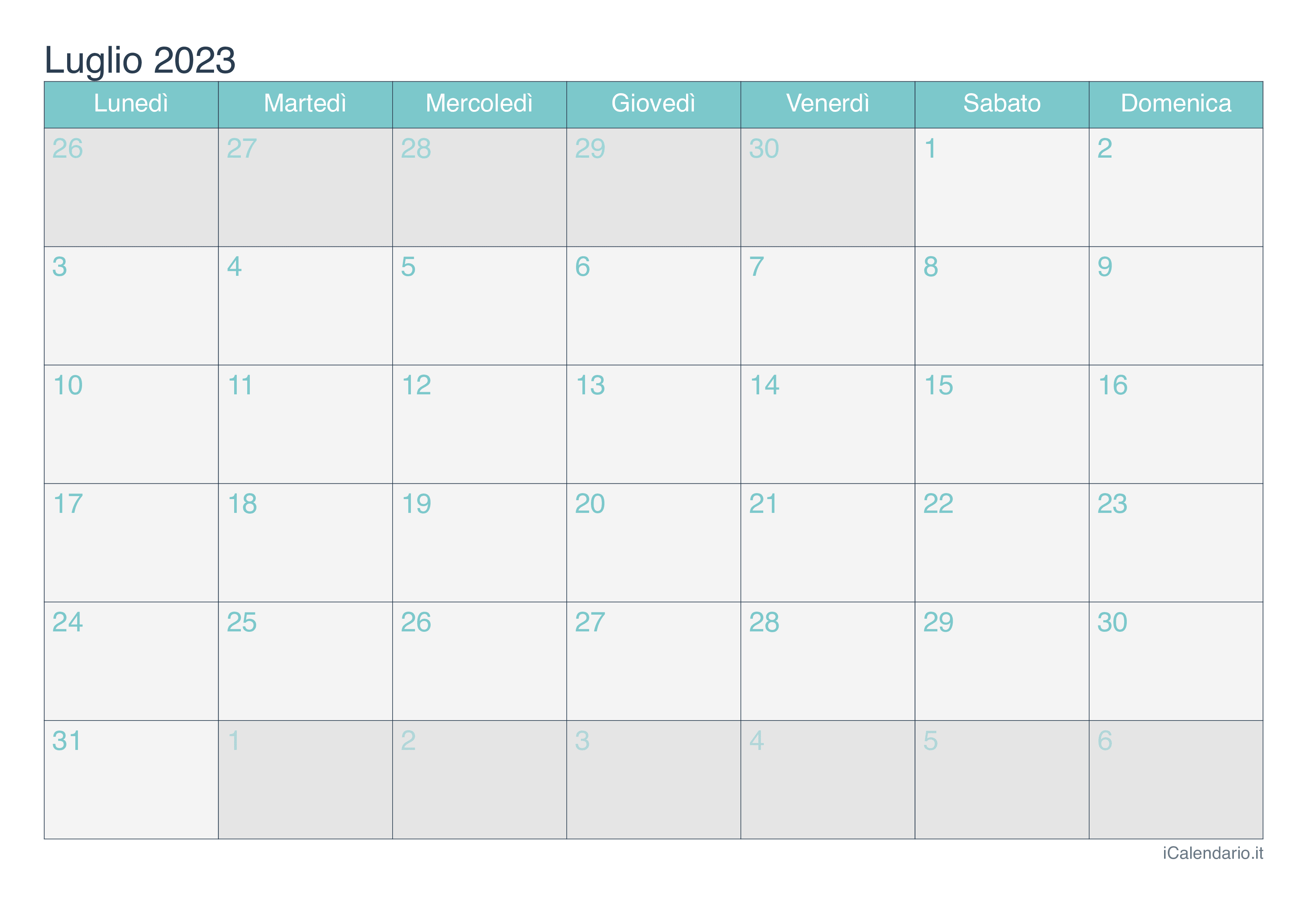 Calendario di luglio 2023 - Turchese