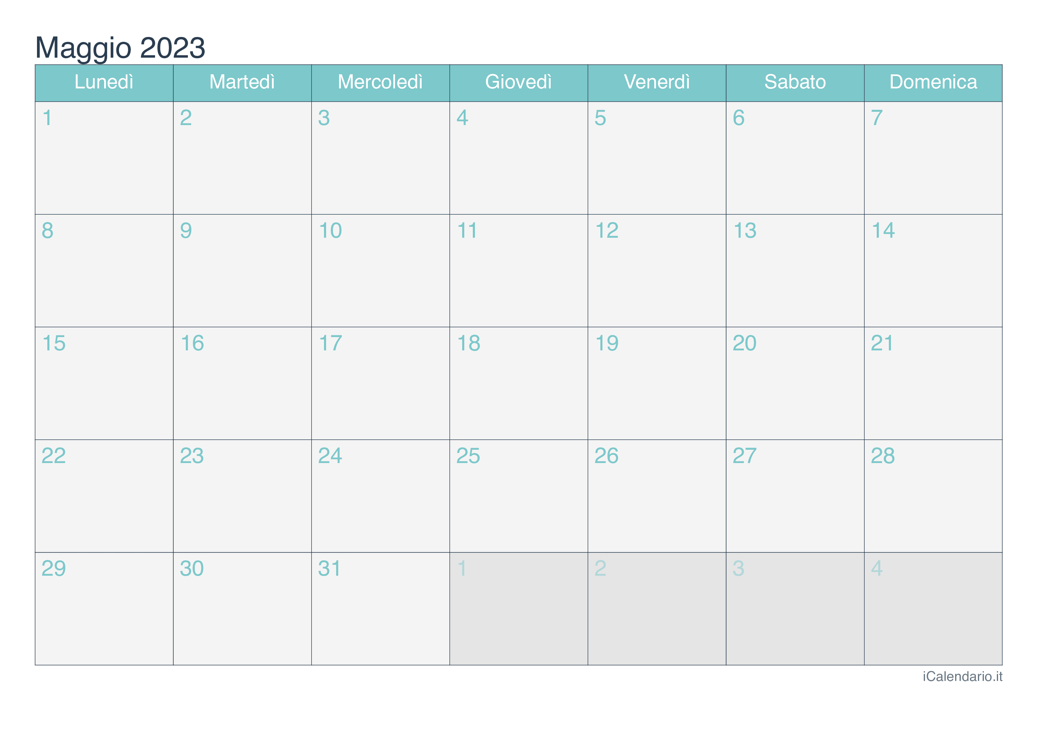 Calendario di maggio 2023 - Turchese