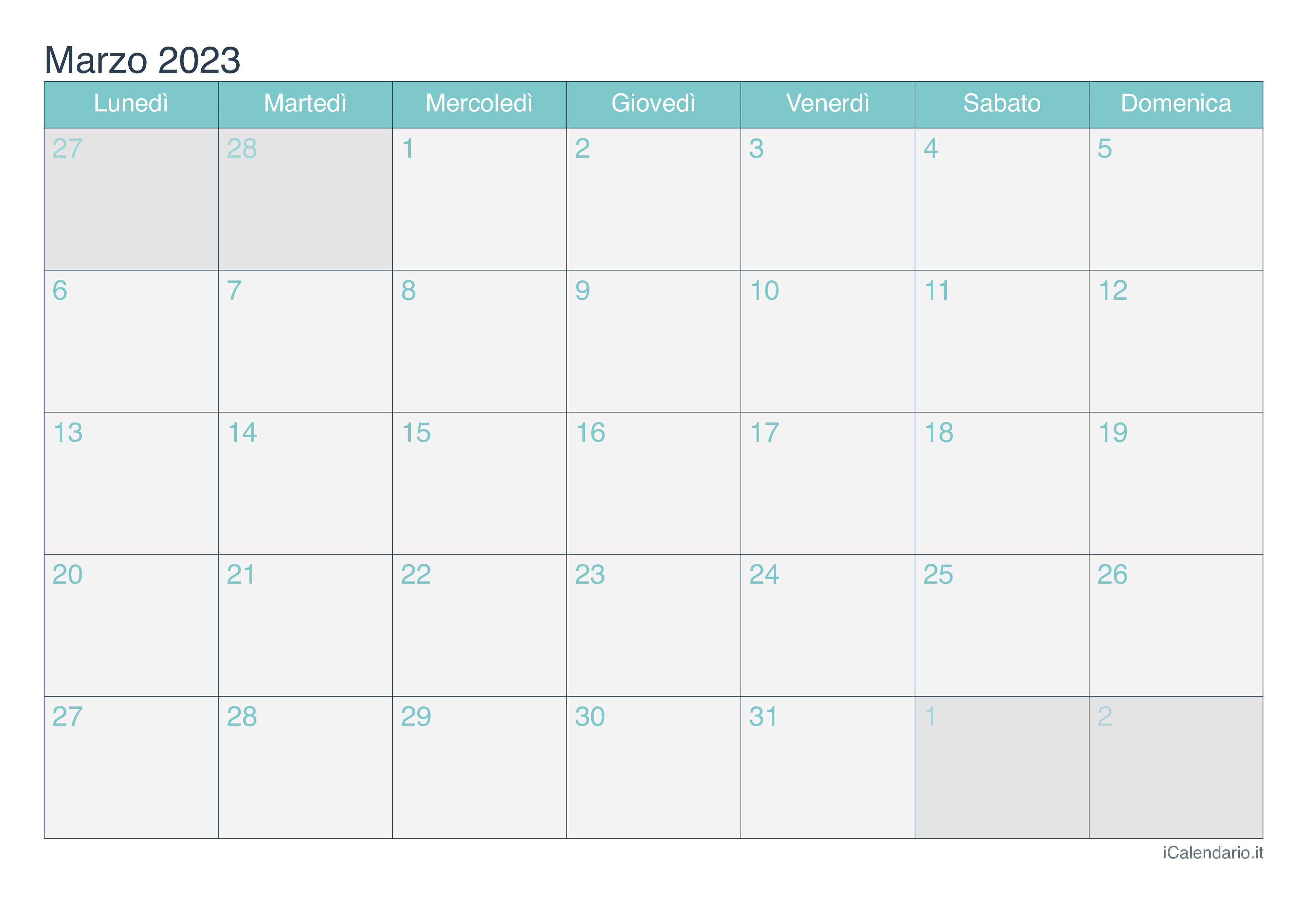 Calendario di marzo 2023 - Turchese