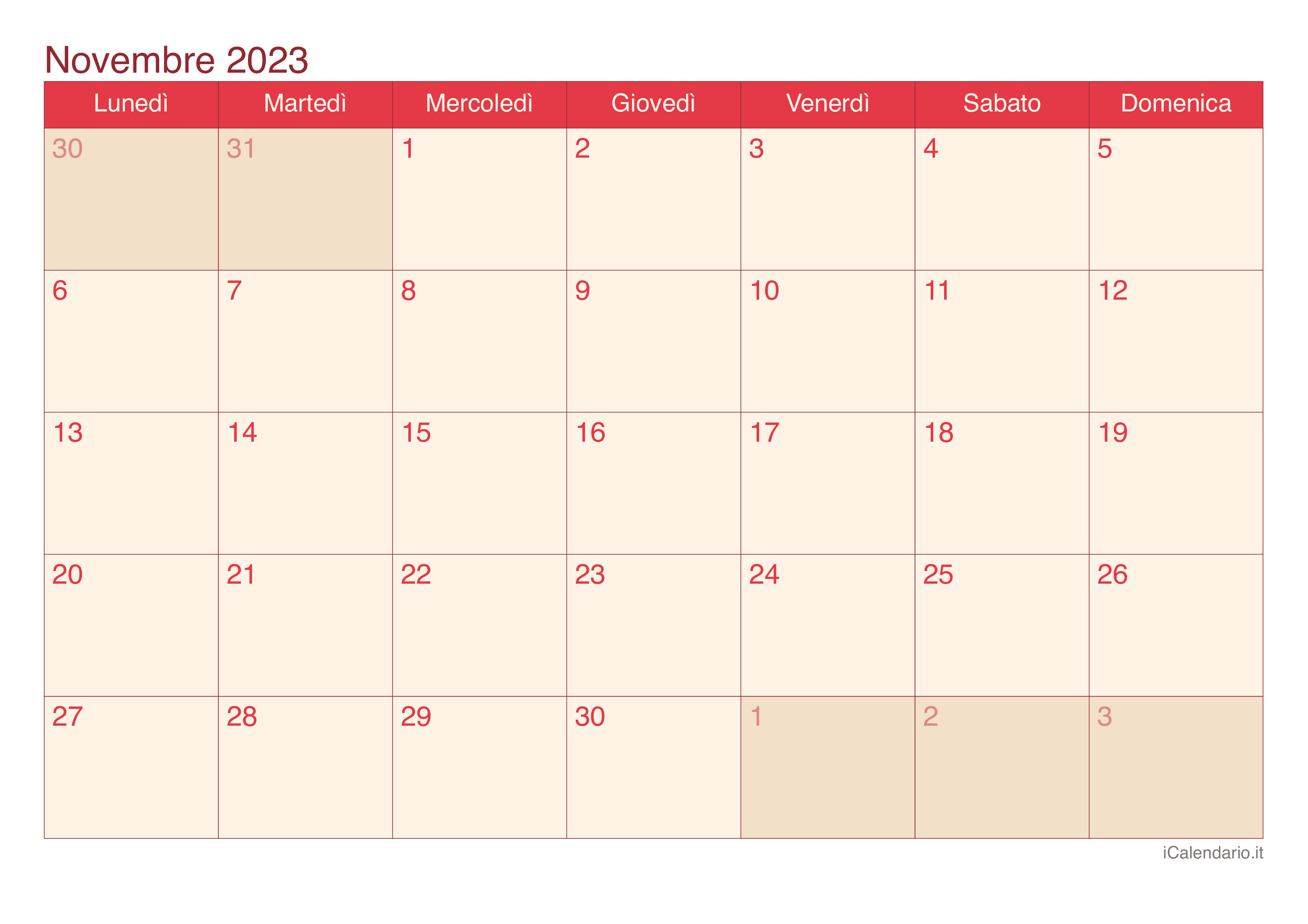 Calendario di novembre 2023 - Cherry