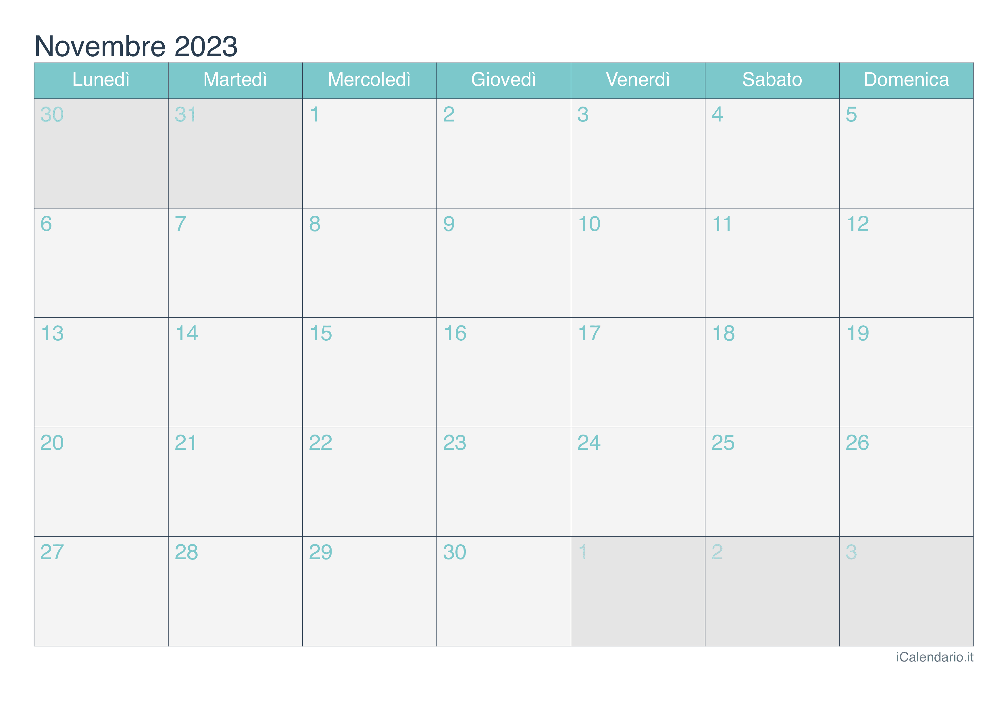 Calendario di novembre 2023 - Turchese