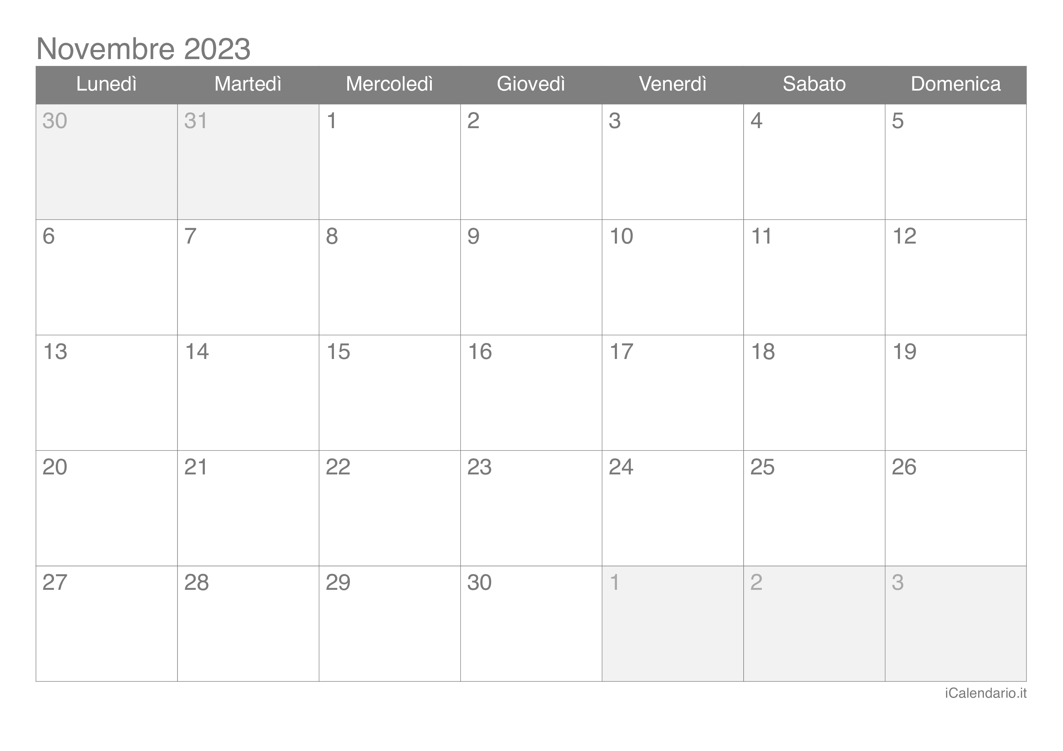 Calendario di novembre 2023