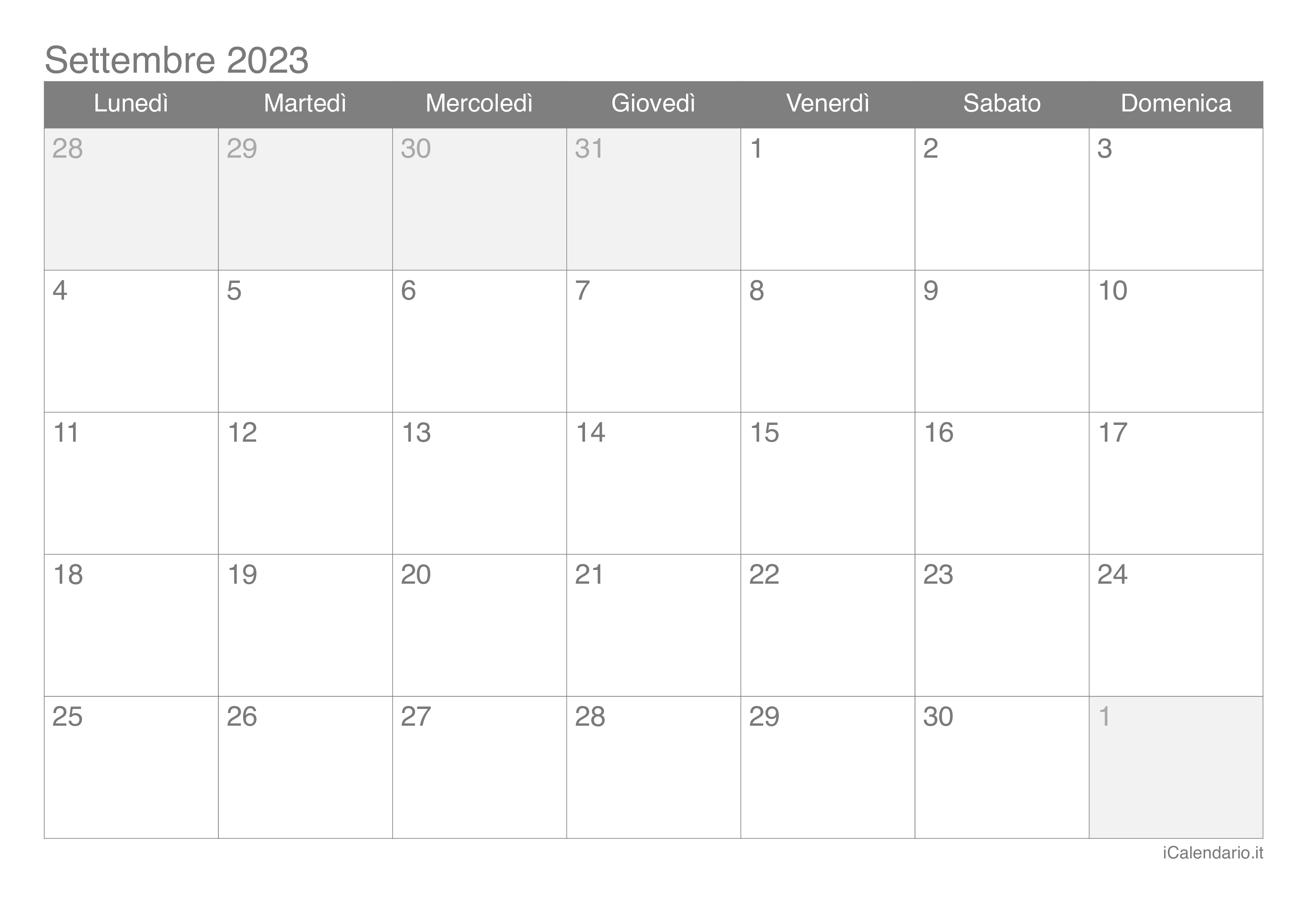 Calendario di settembre 2023
