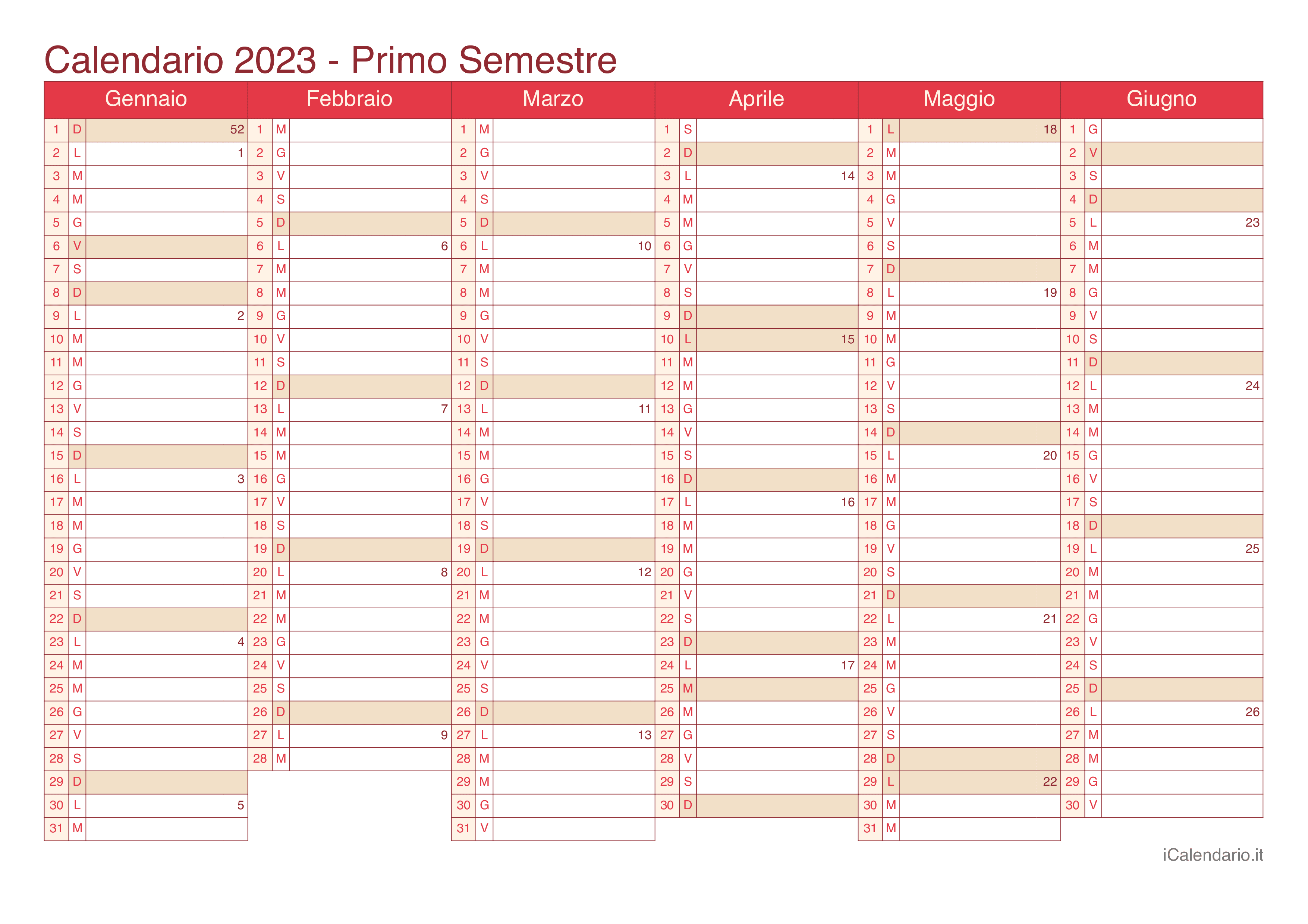 Calendario semestrale con numeri delle settimane 2023 - Cherry