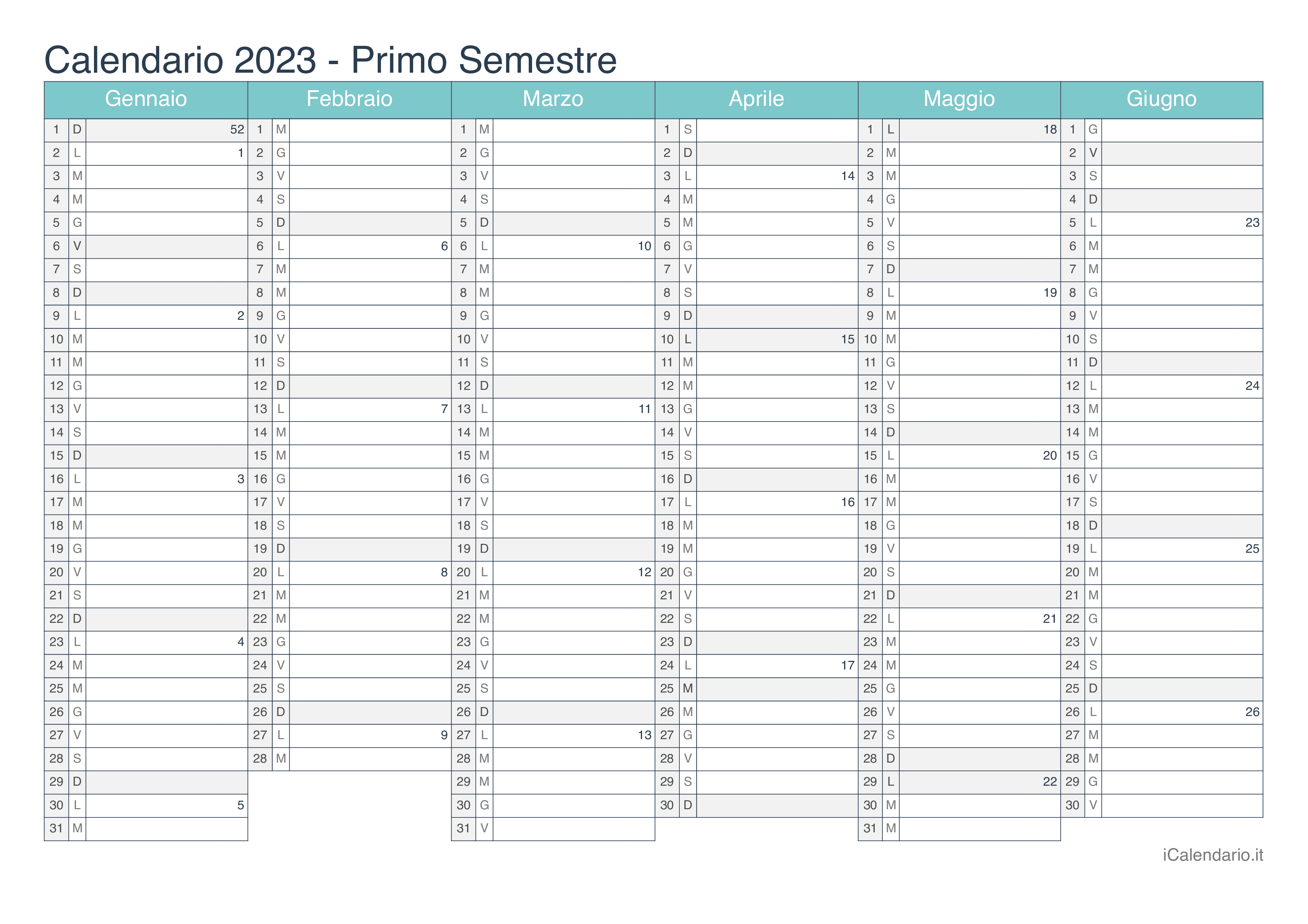 Calendario semestrale con numeri delle settimane 2023 - Turchese