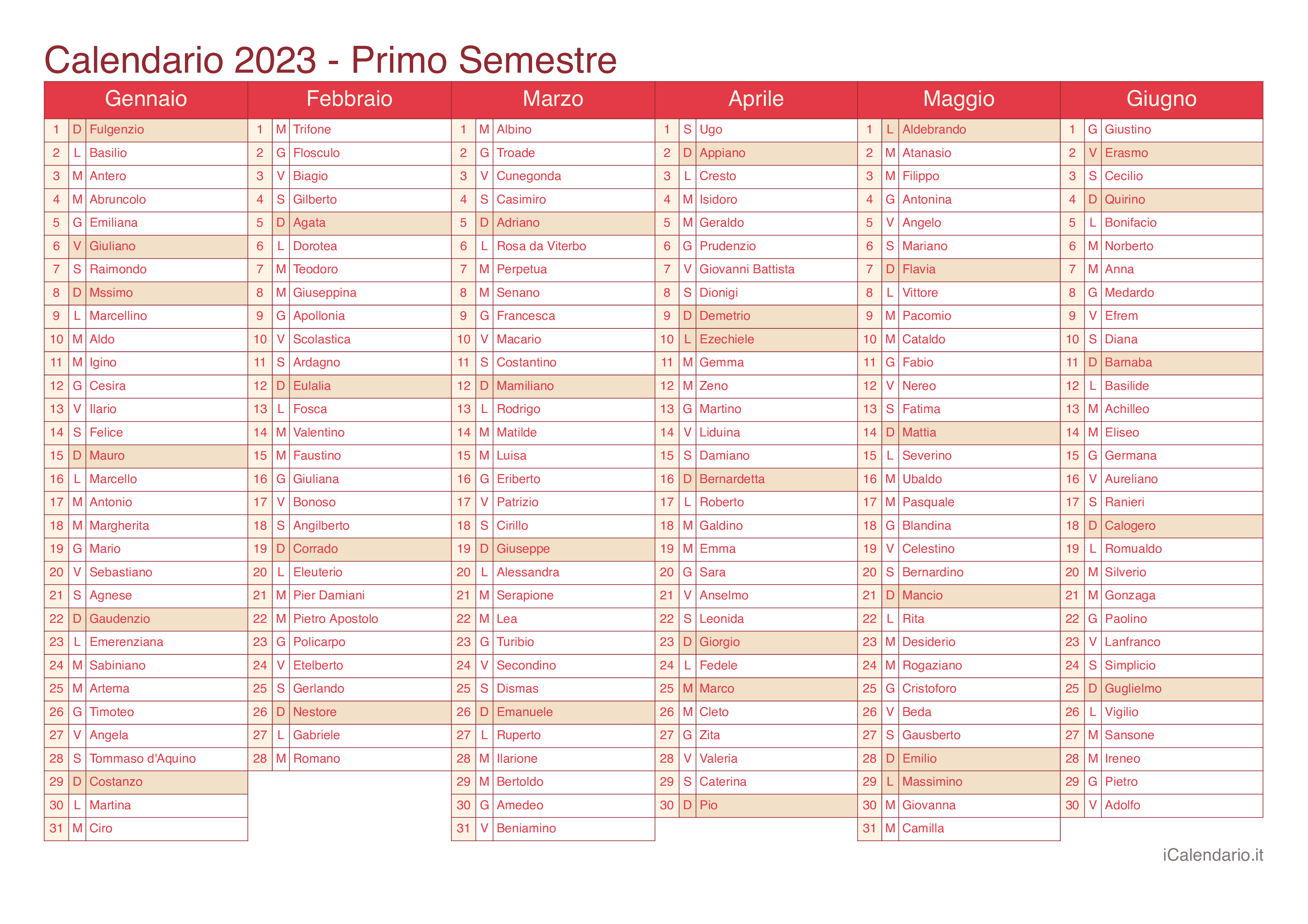 Calendario semestrale 2023 con santi e festivi - Cherry