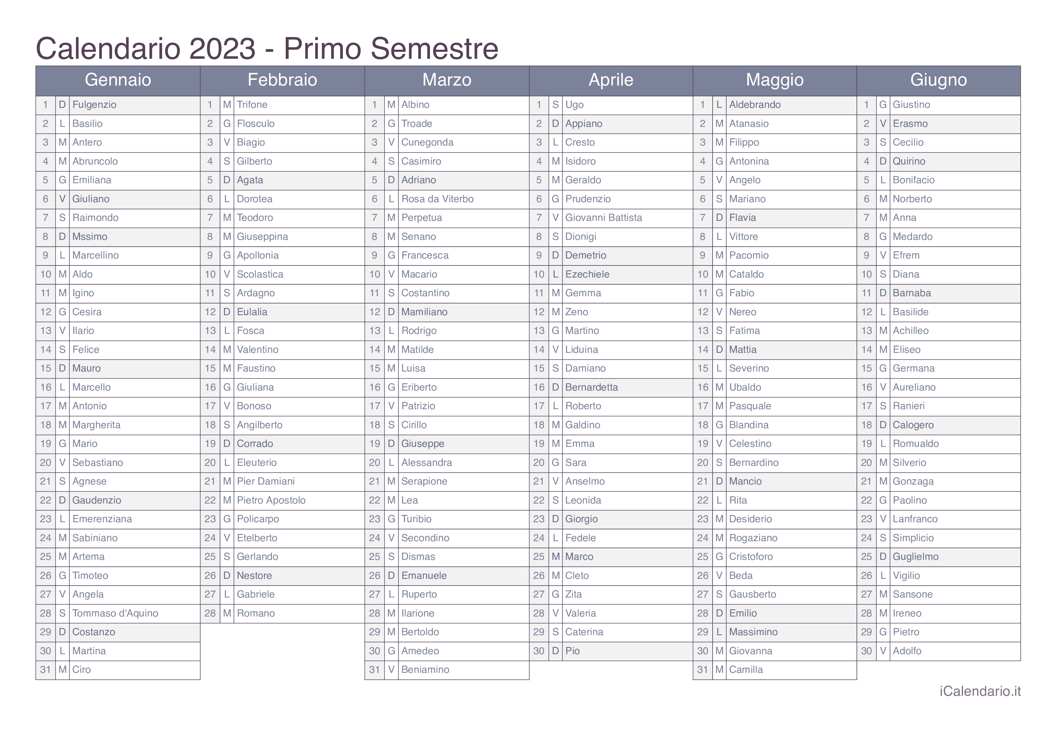 Calendario semestrale 2023 con santi e festivi - Office