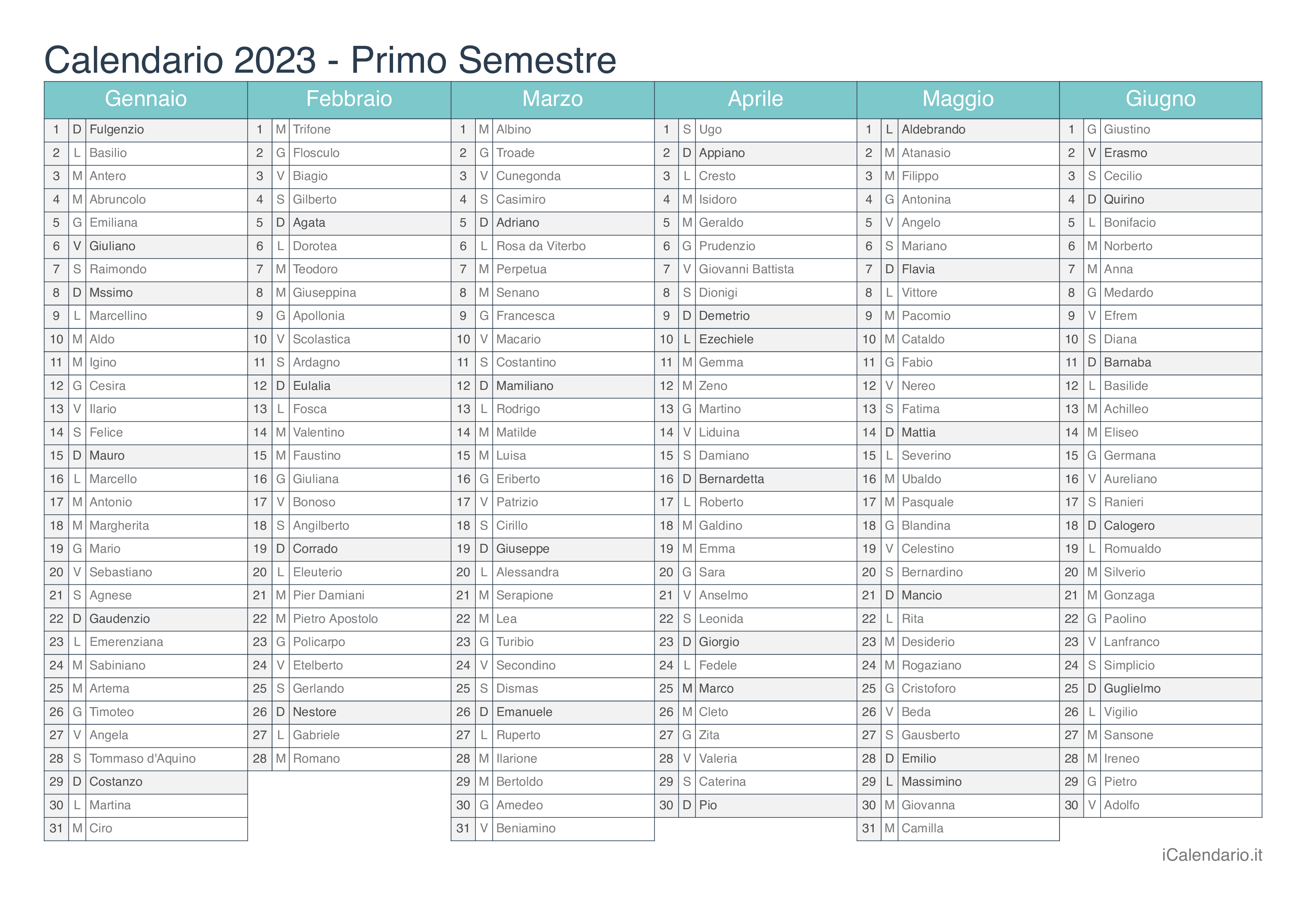 Calendario semestrale 2023 con santi e festivi - Turchese