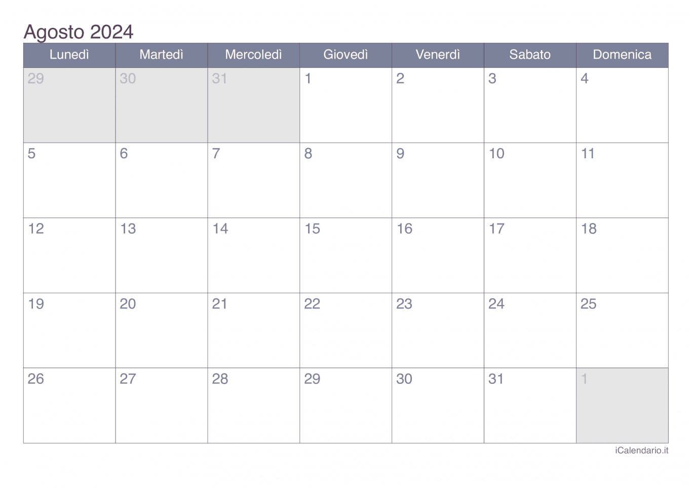 Calendario di agosto 2024 - Office