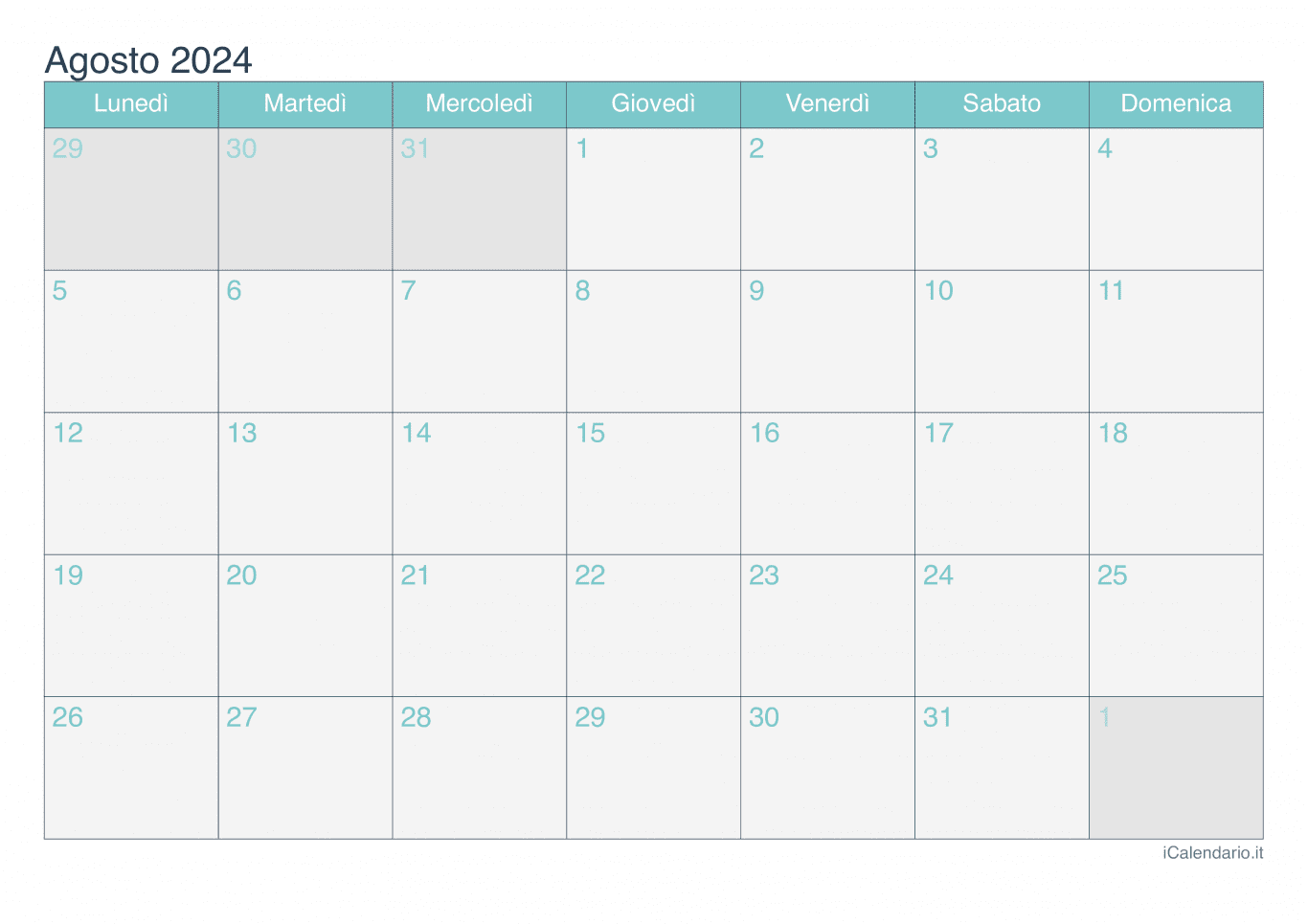 Calendario di agosto 2024 - Turchese