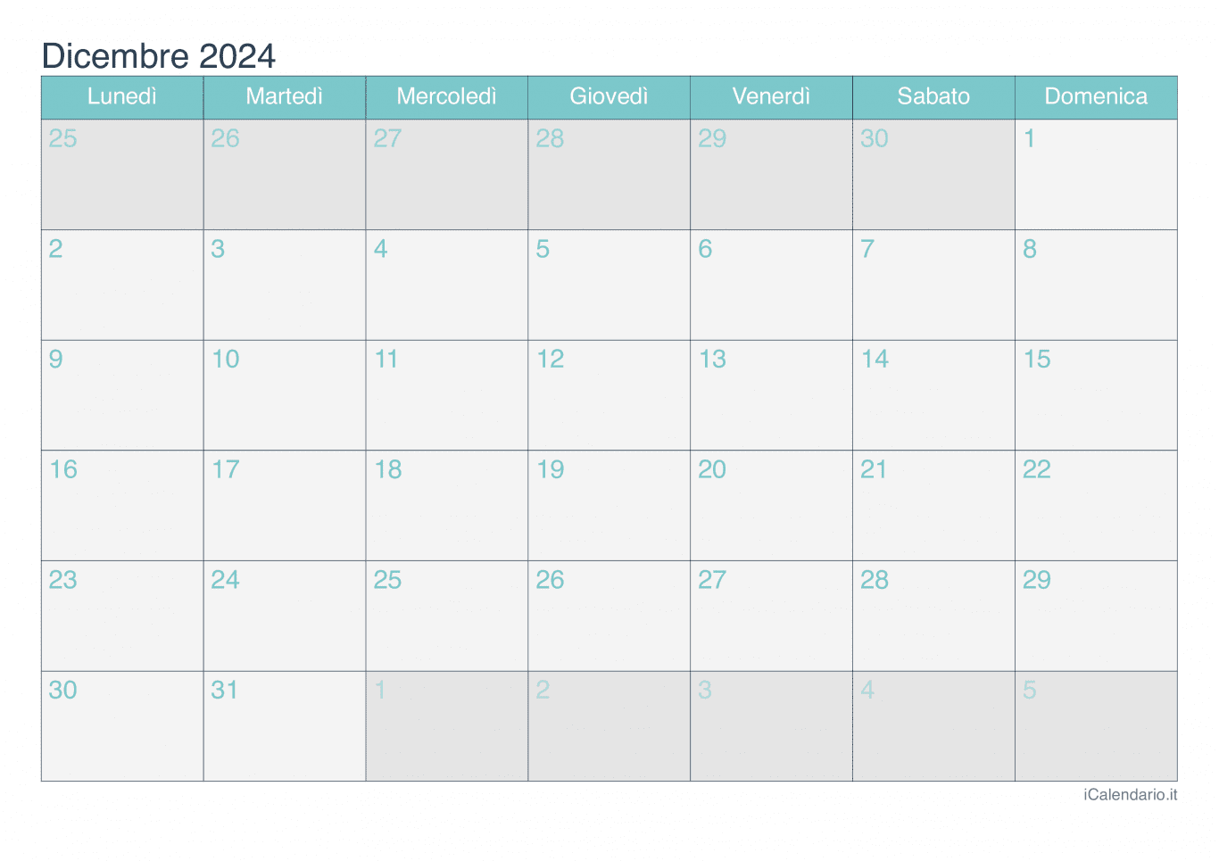 Calendario di dicembre 2024 - Turchese