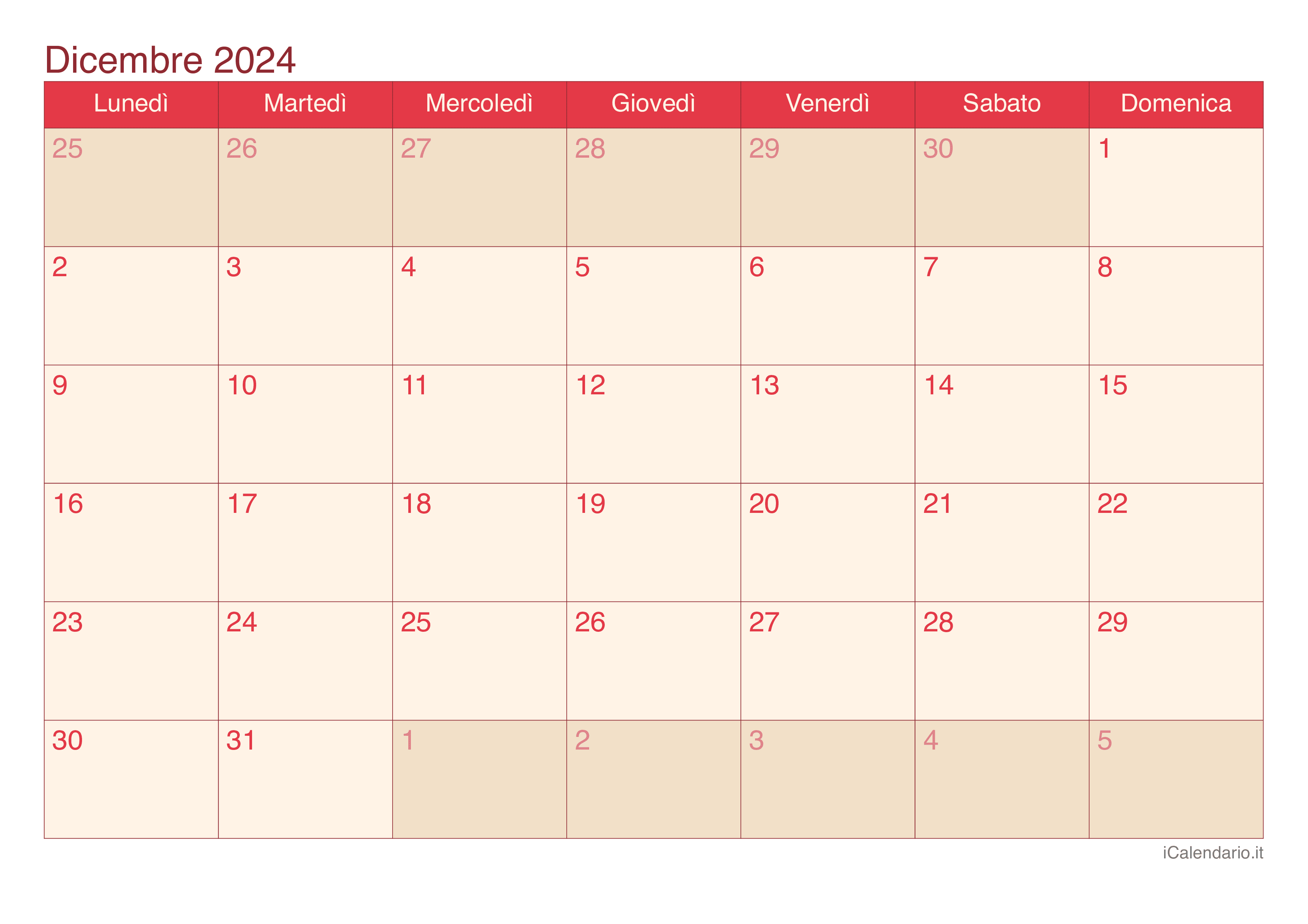 Calendario dicembre 2025 da stampare