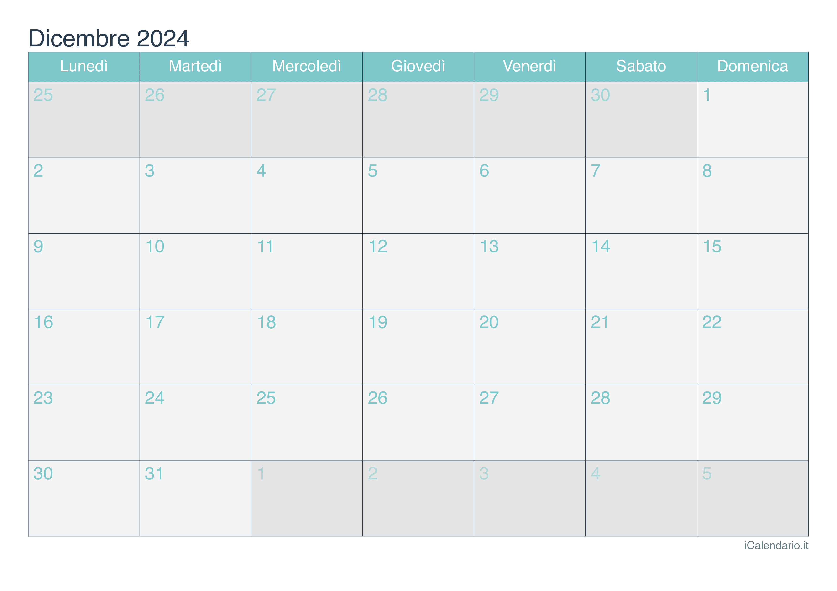 Calendario dicembre 2025 da stampare