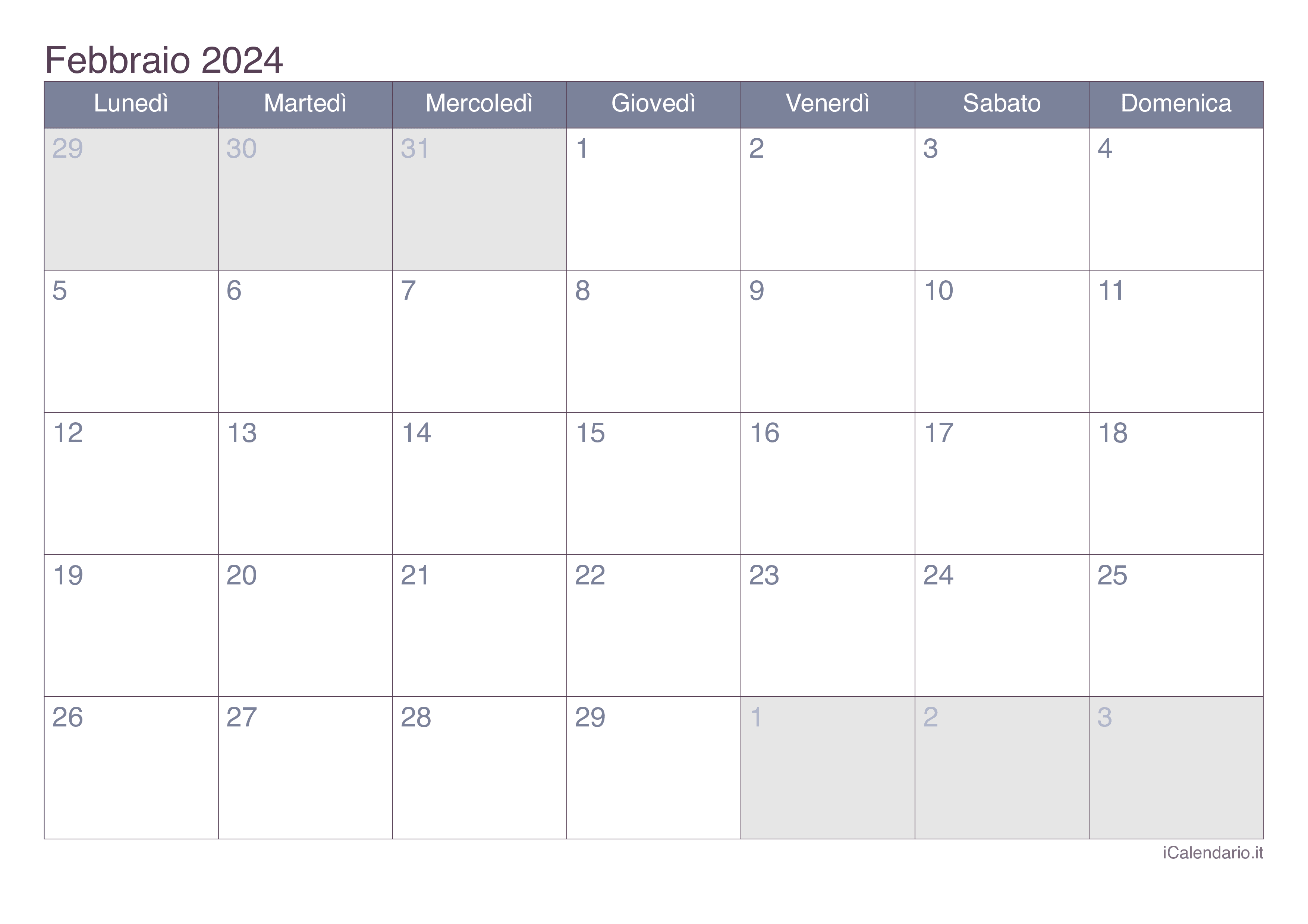 Calendario febbraio 2025 da stampare