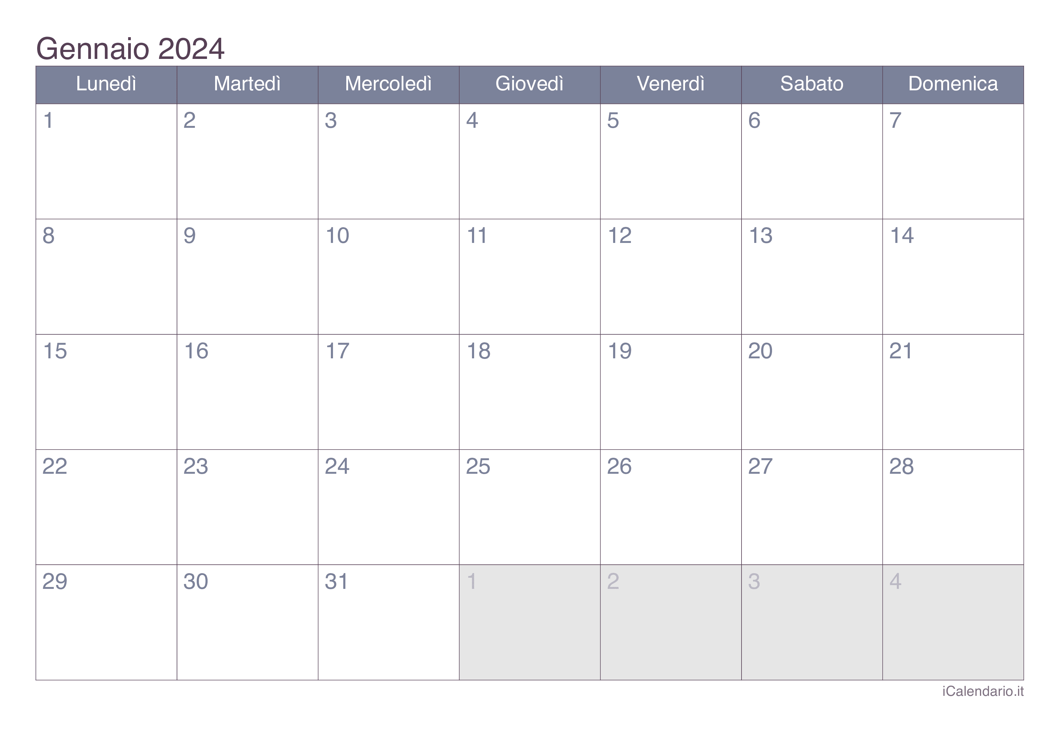 Calendario gennaio 2024 da stampare