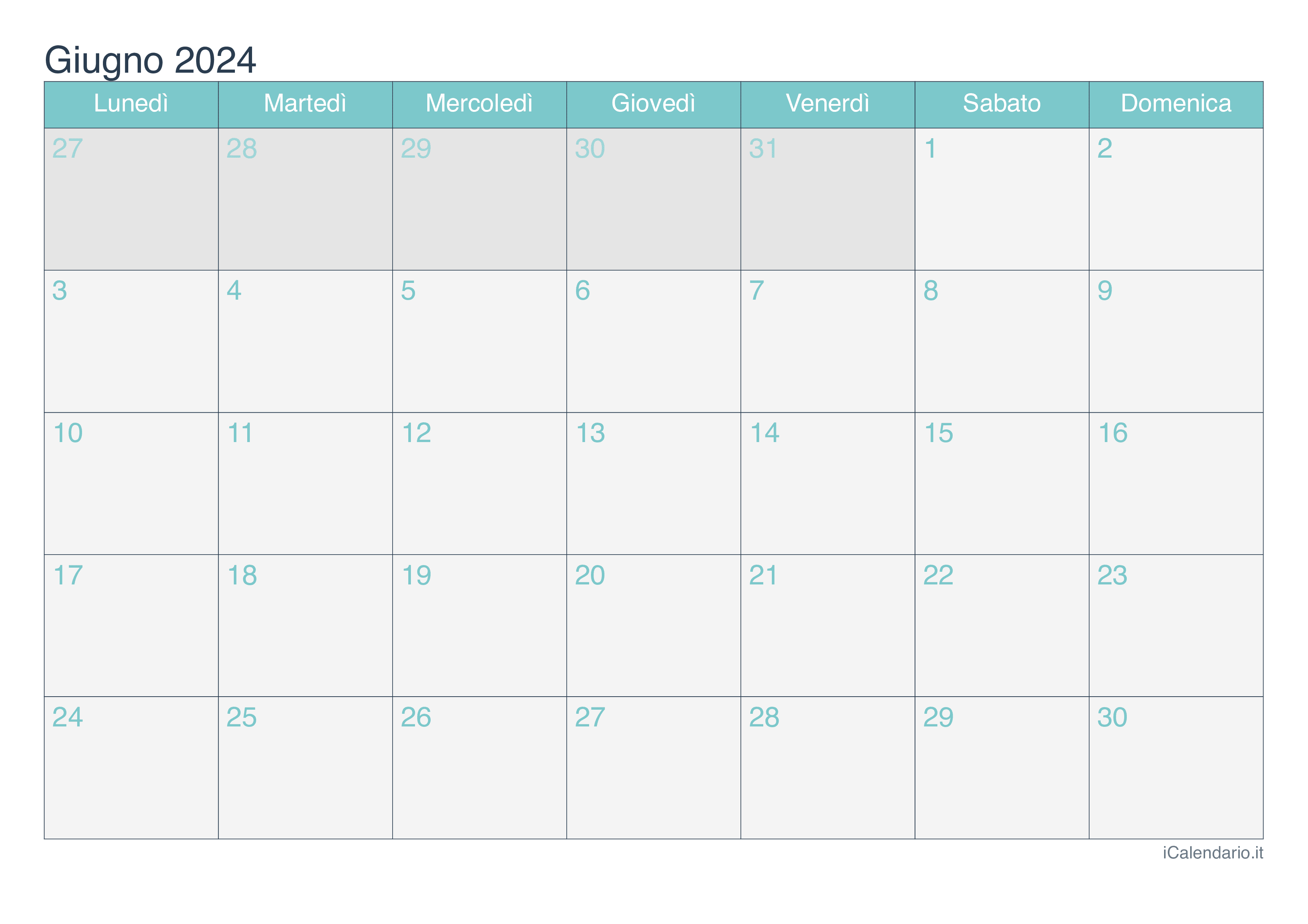Calendario di giugno 2024 - Turchese