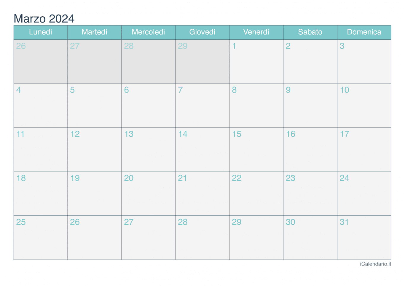 Calendario di marzo 2024 - Turchese