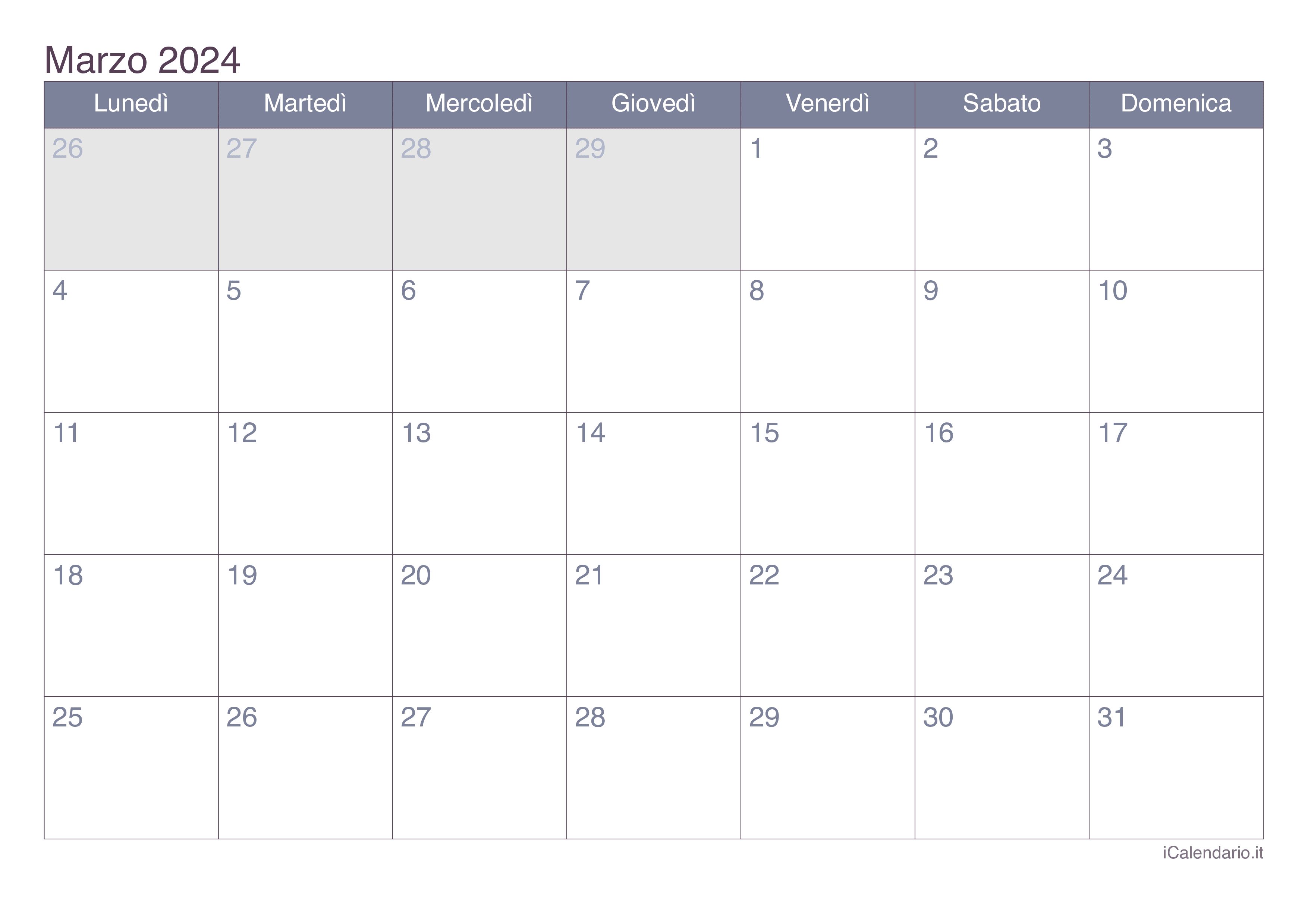 Calendario marzo 2025 da stampare