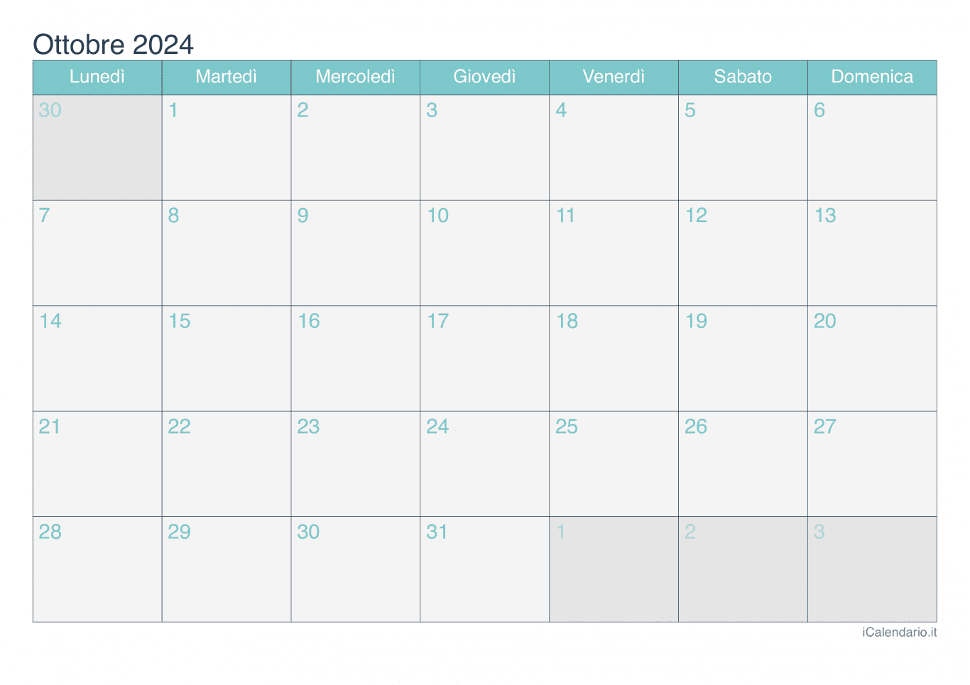 Calendario di ottobre 2024 - Turchese