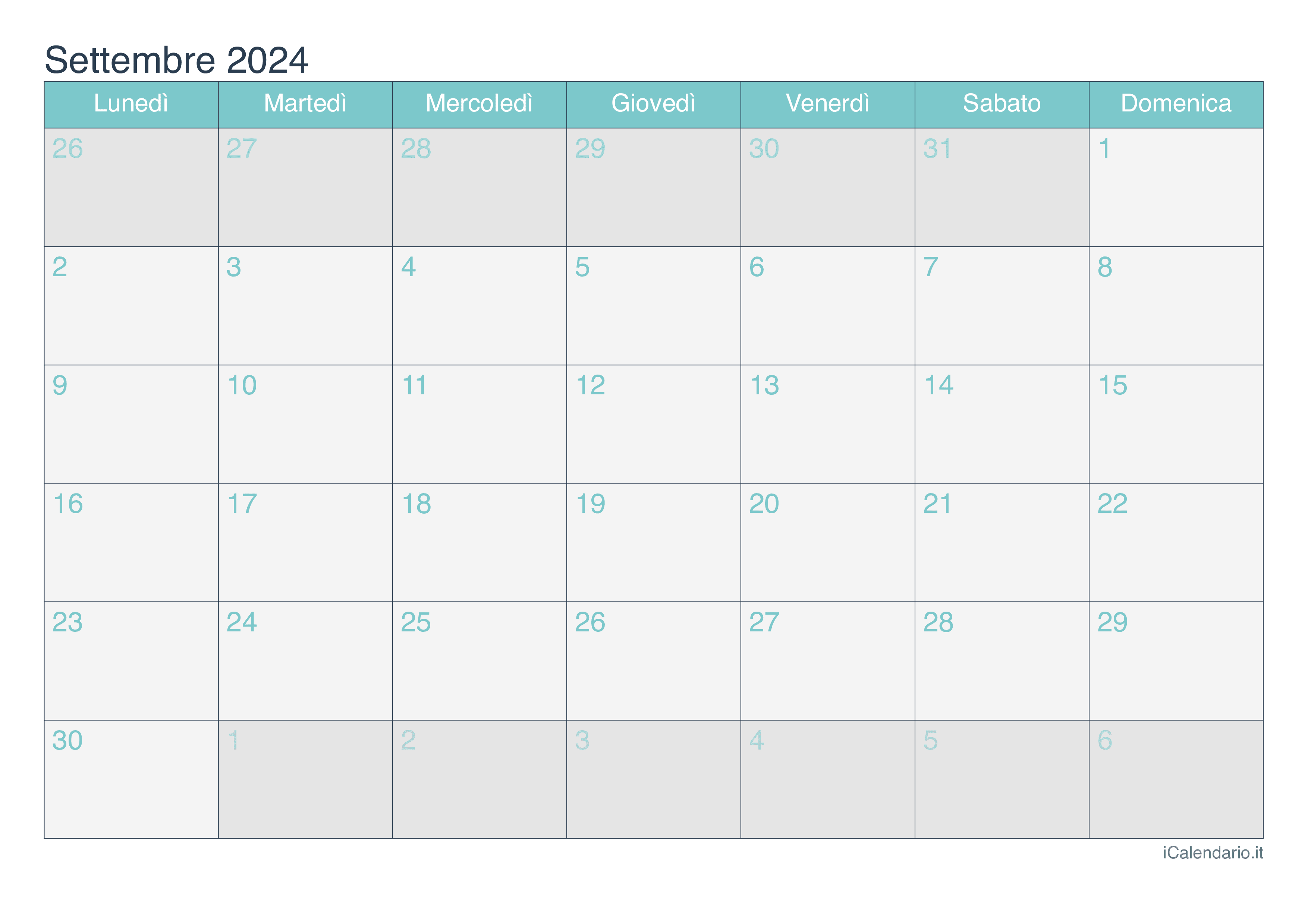 Calendario settembre 2025 da stampare