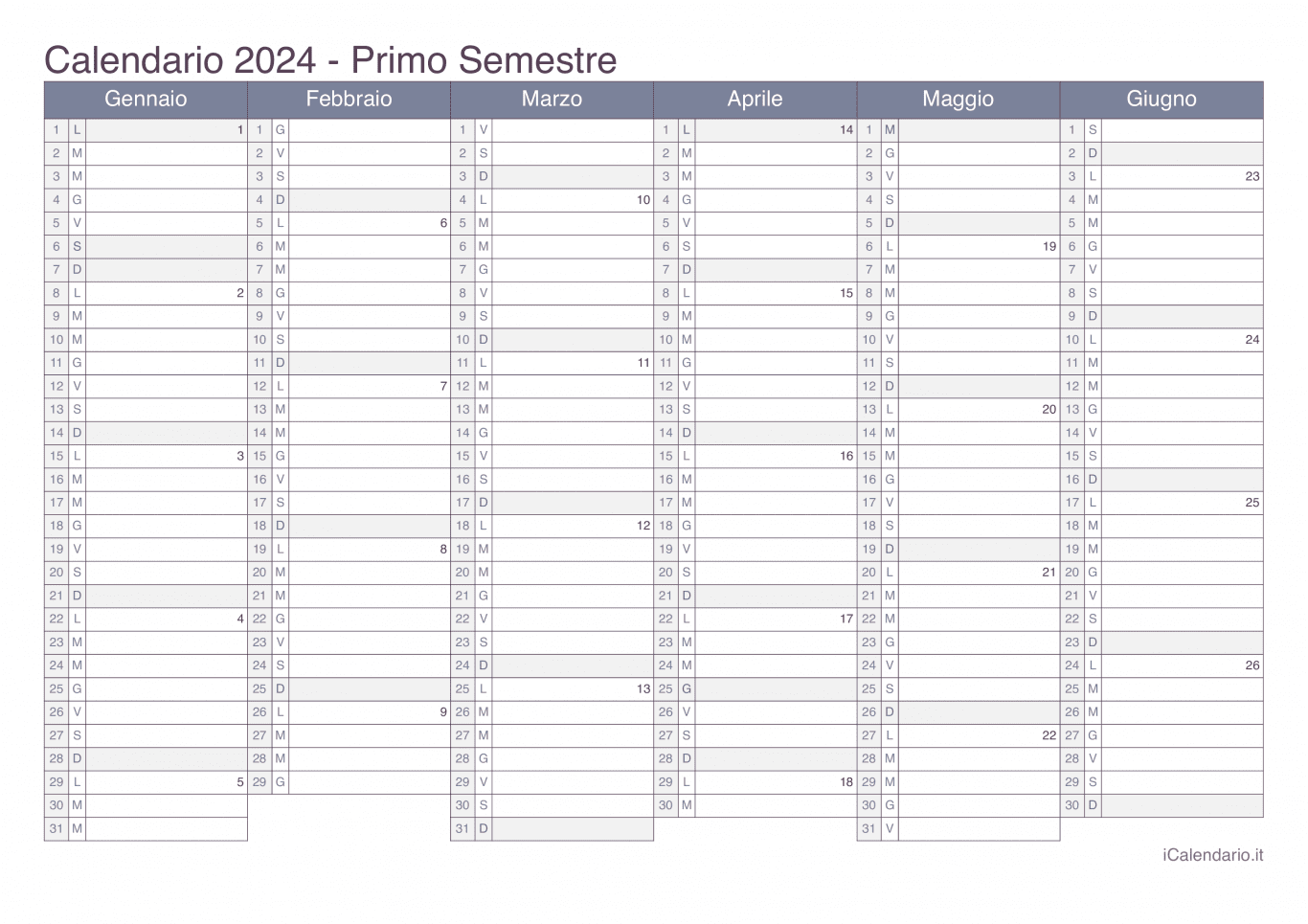 Calendario semestrale con numeri delle settimane 2024 - Office