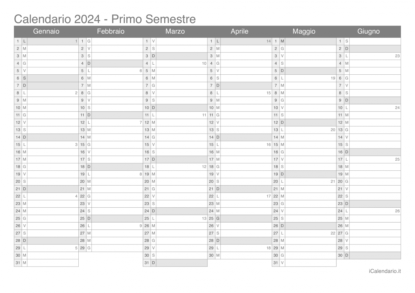 Calendario semestrale con numeri delle settimane 2024