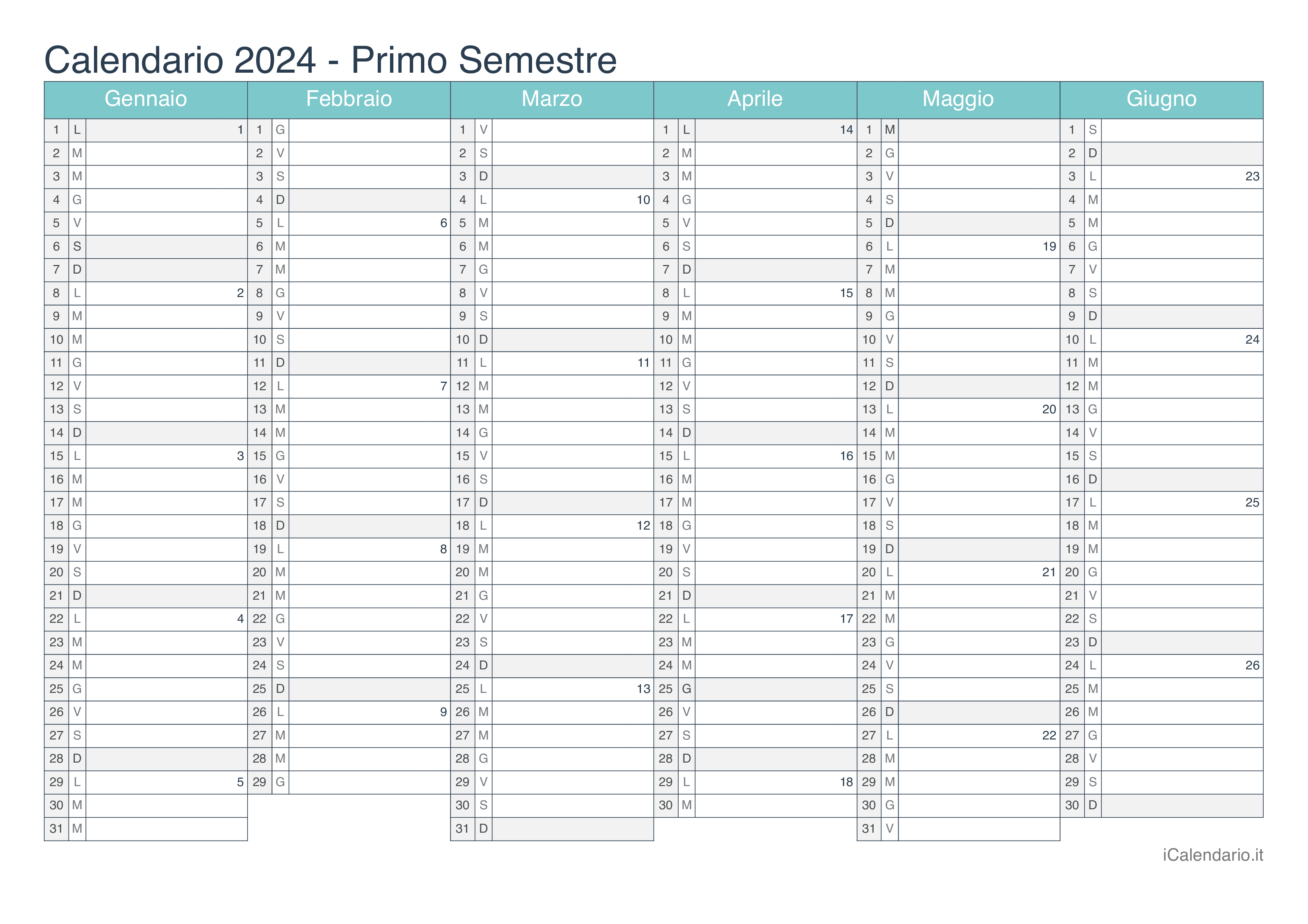 Calendario semestrale con numeri delle settimane 2024 - Turchese