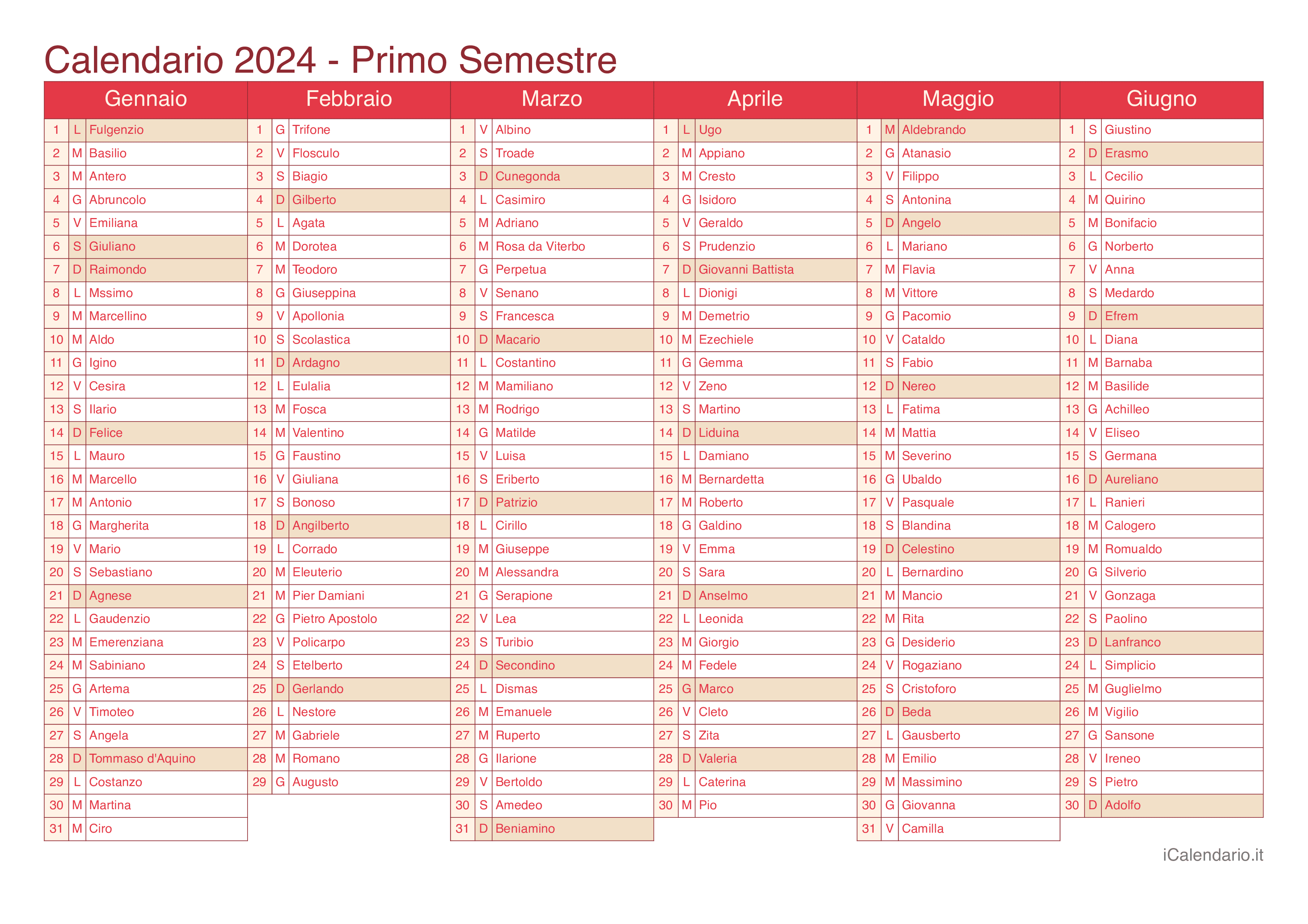 Calendario semestrale 2024 con santi e festivi - Cherry