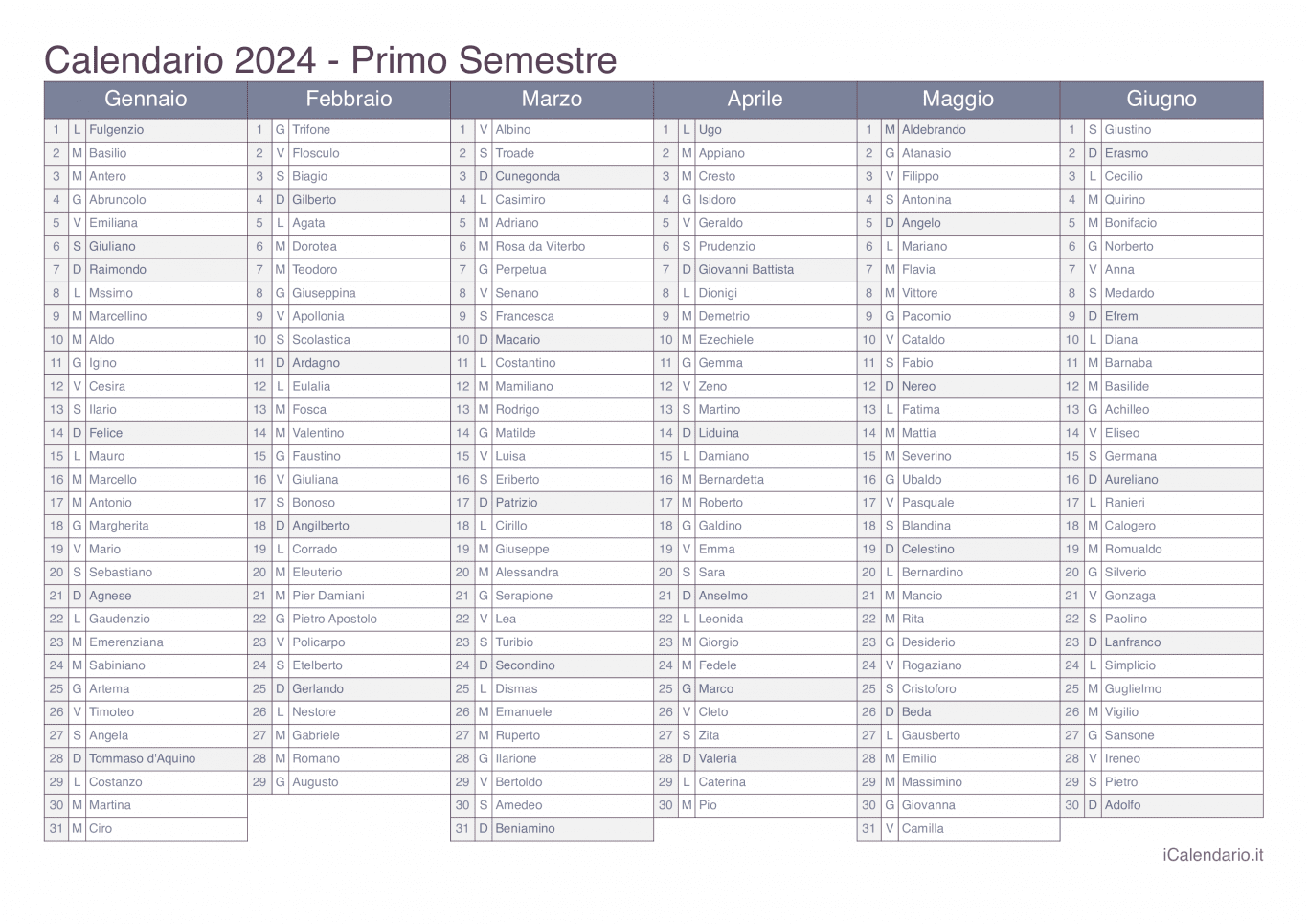 Calendario semestrale 2024 con santi e festivi - Office