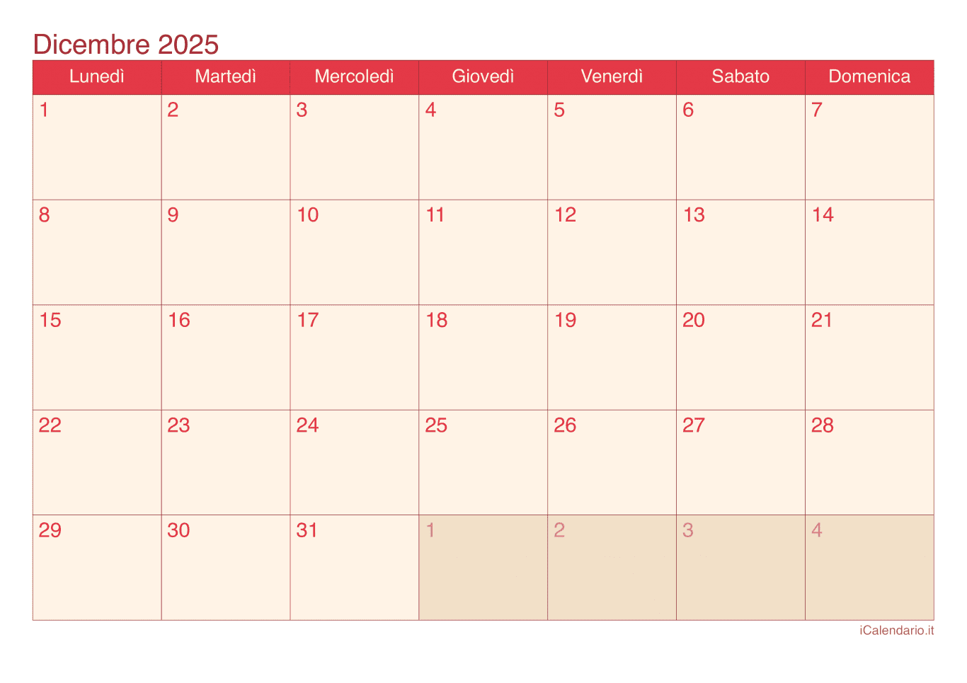Calendario di dicembre 2025 - Cherry