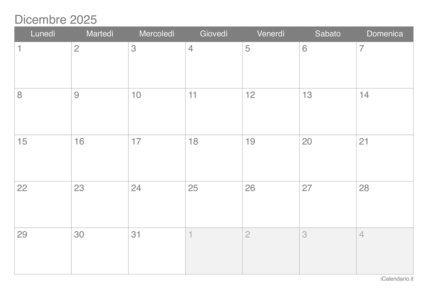 Calendario di dicembre 2025